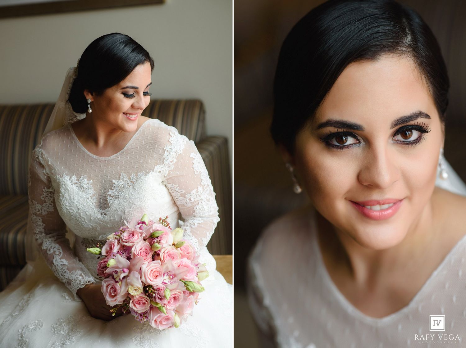 Bride in lace long-sleeve wedding gown holding pink rose bouquet, with elegant updo and soft bridal makeup.