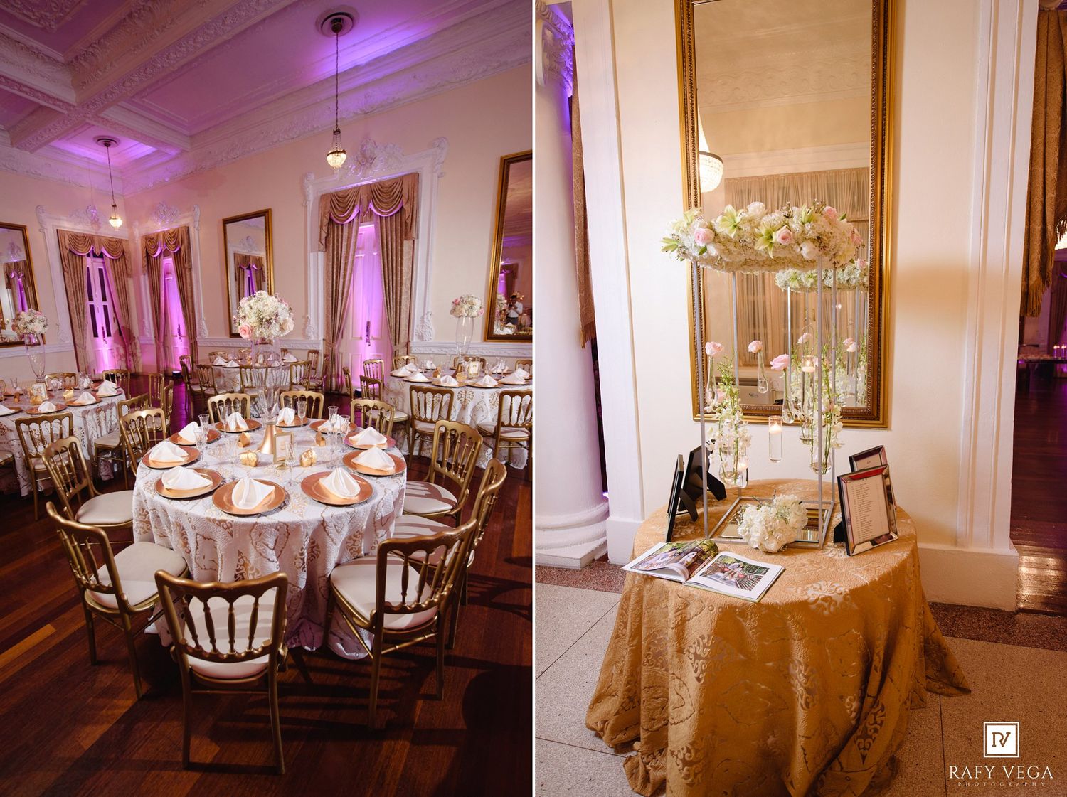Elegant wedding reception hall with gold Chiavari chairs, white floral centerpieces, and a decorative gift table with mirror.
