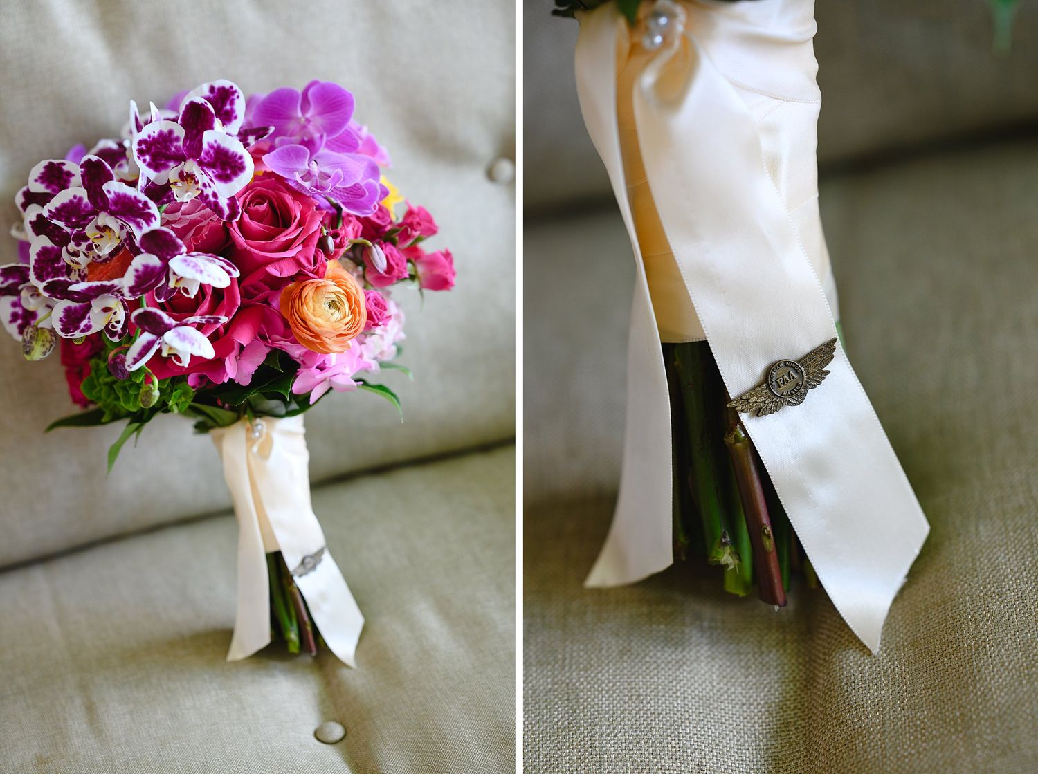 Vibrant pink and purple wedding bouquet with orchids and ranunculus, adorned with a white ribbon and vintage brooch detail.