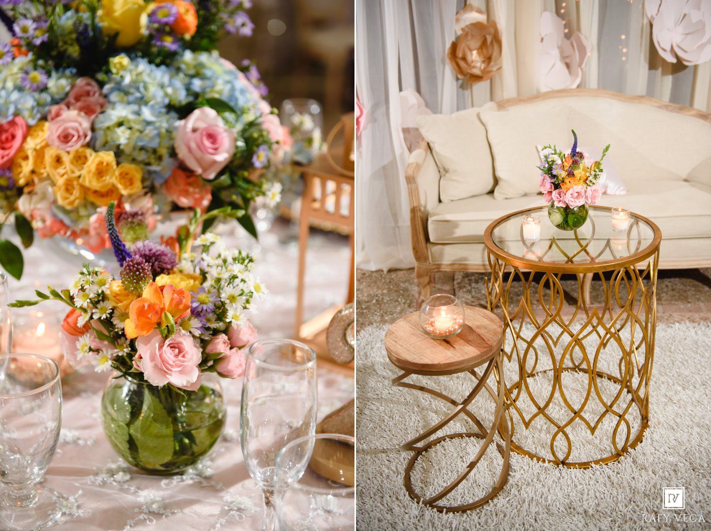 Colorful floral centerpieces and gold geometric side tables with candles at an elegant wedding reception.