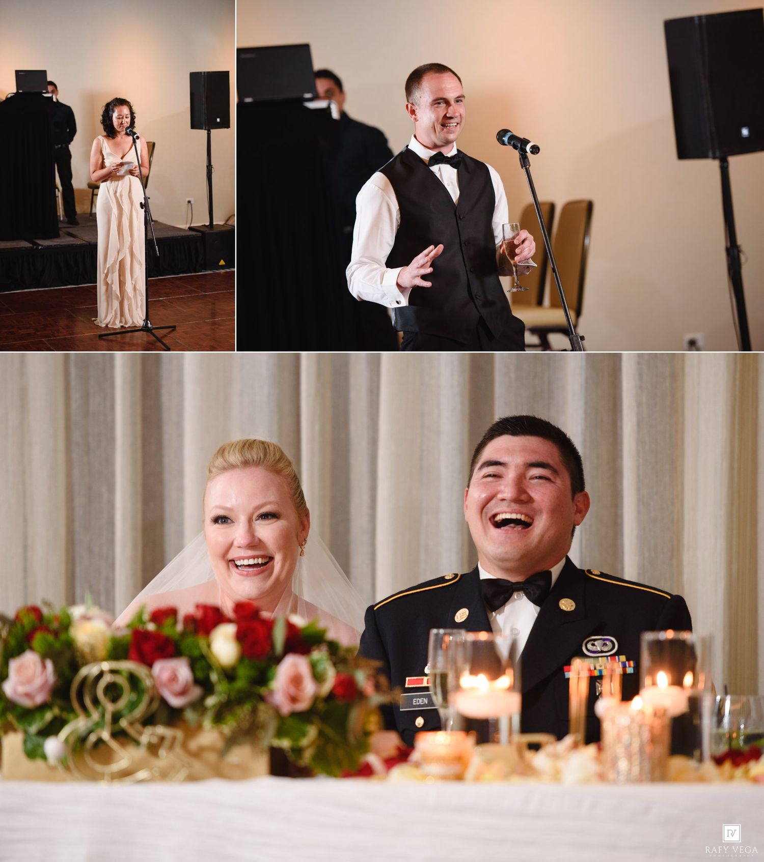 Bride and groom laughing joyfully at wedding reception sweetheart table while guests give toasts at elegant venue.