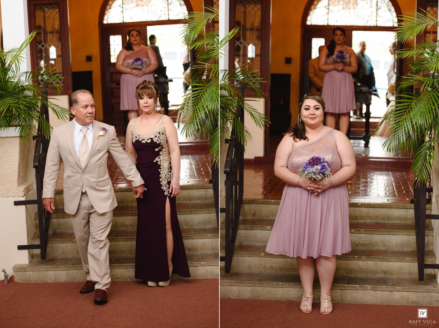 Wedding party members escort guests down the aisle in purple and tan formal attire.