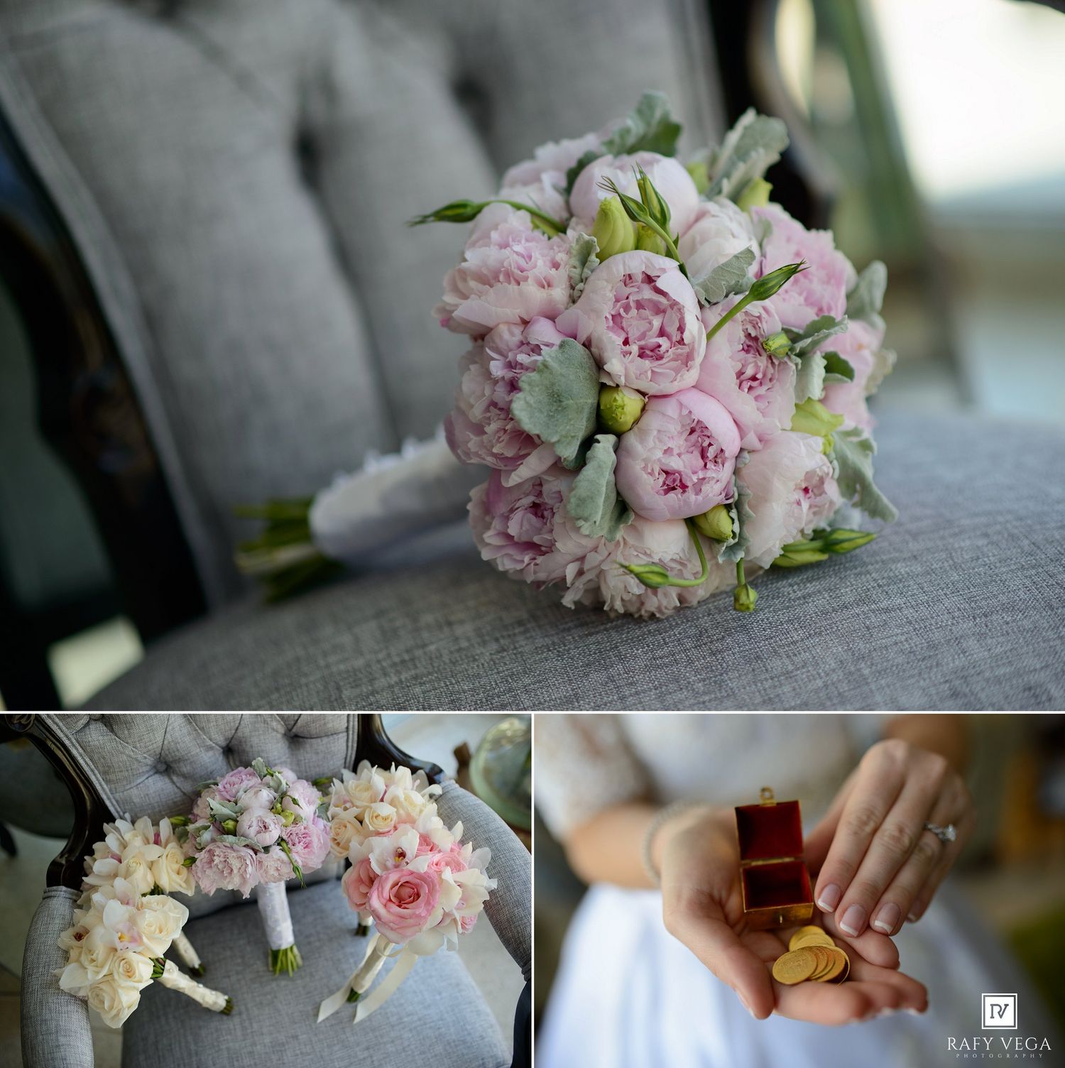 Elegant wedding flat lay featuring pink peony bridal bouquet, floral accessories, and bride holding vintage ring box.