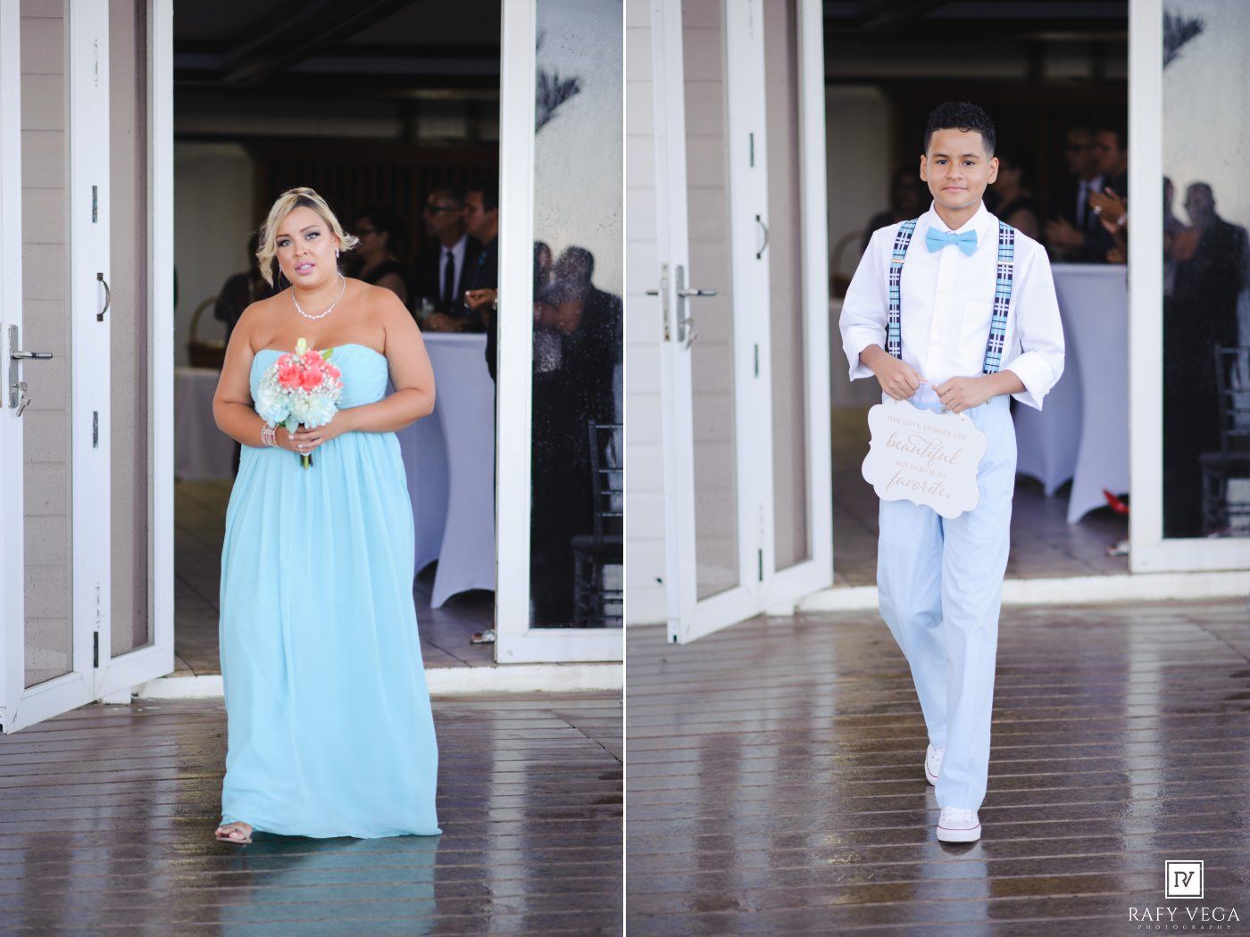 Bridesmaid in teal gown and groomsman in light blue suit walk at an outdoor wedding ceremony.
