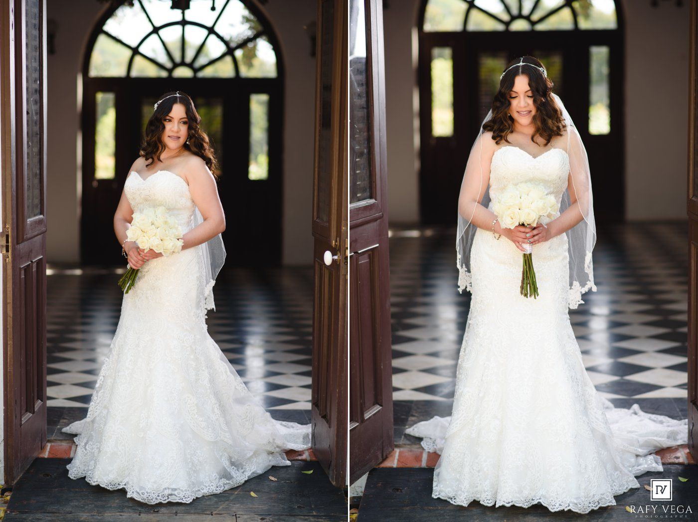 Bride in mermaid lace wedding gown holding bouquet stands in elegant venue doorway in two-pose portrait.