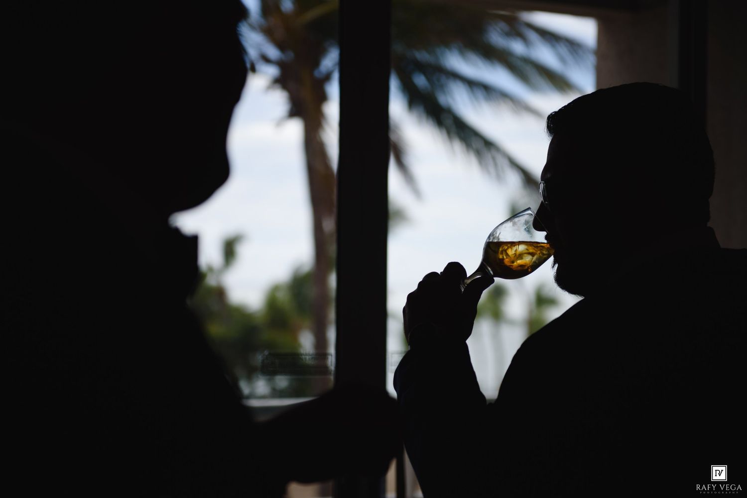 Silhouette of a person sipping wine from a glass against a bright window with palm trees in the background.