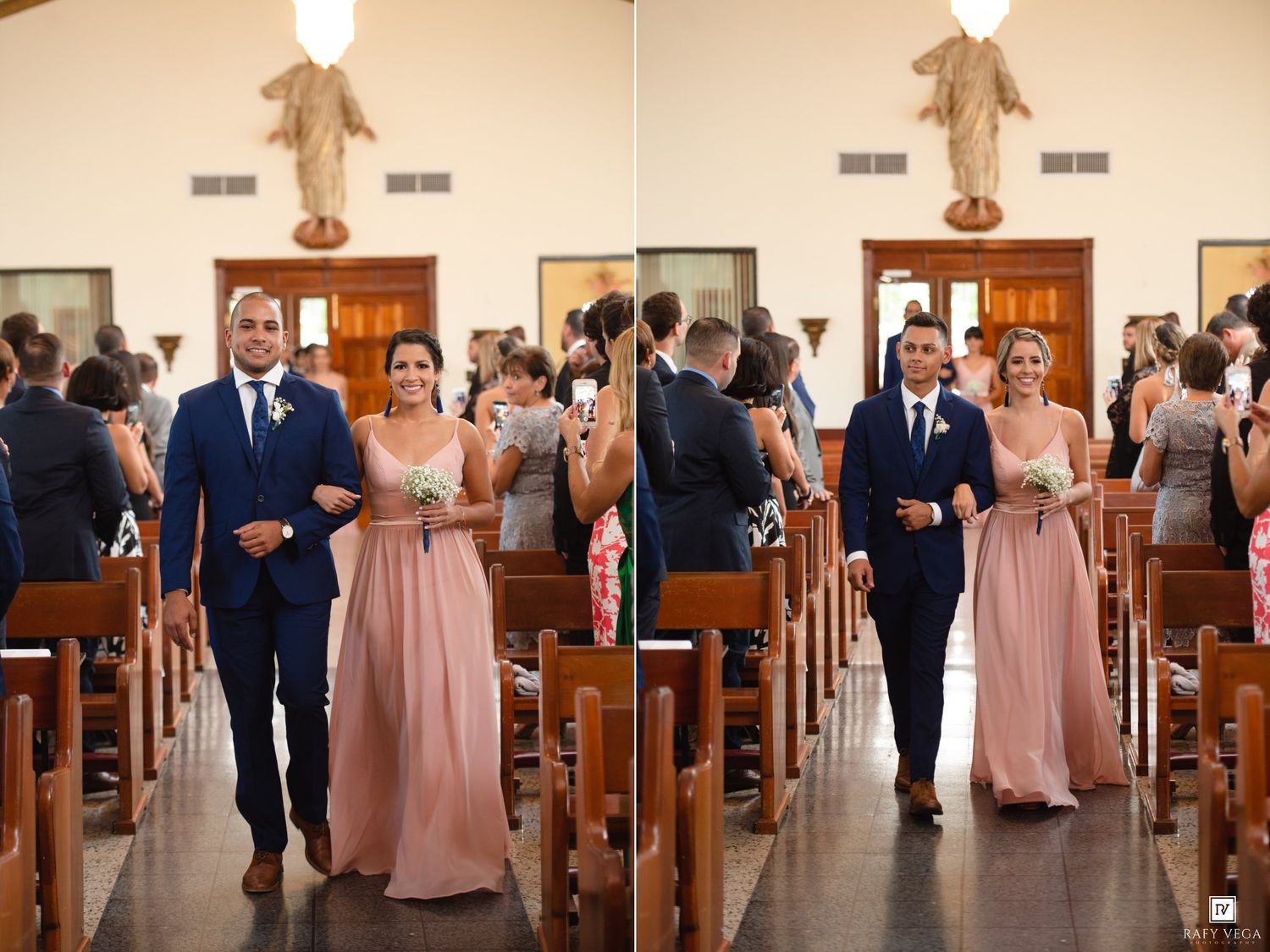 Bride and groom walking down the aisle in a church, accompanied by wedding party in dusty rose gowns.