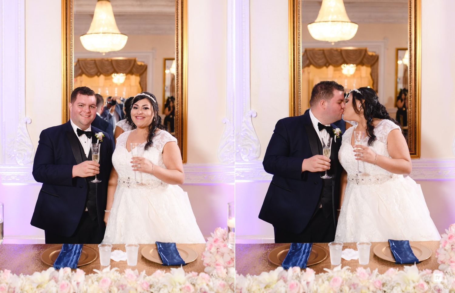 Bride and groom share champagne toast and a kiss at elegant wedding reception in ornate ballroom.