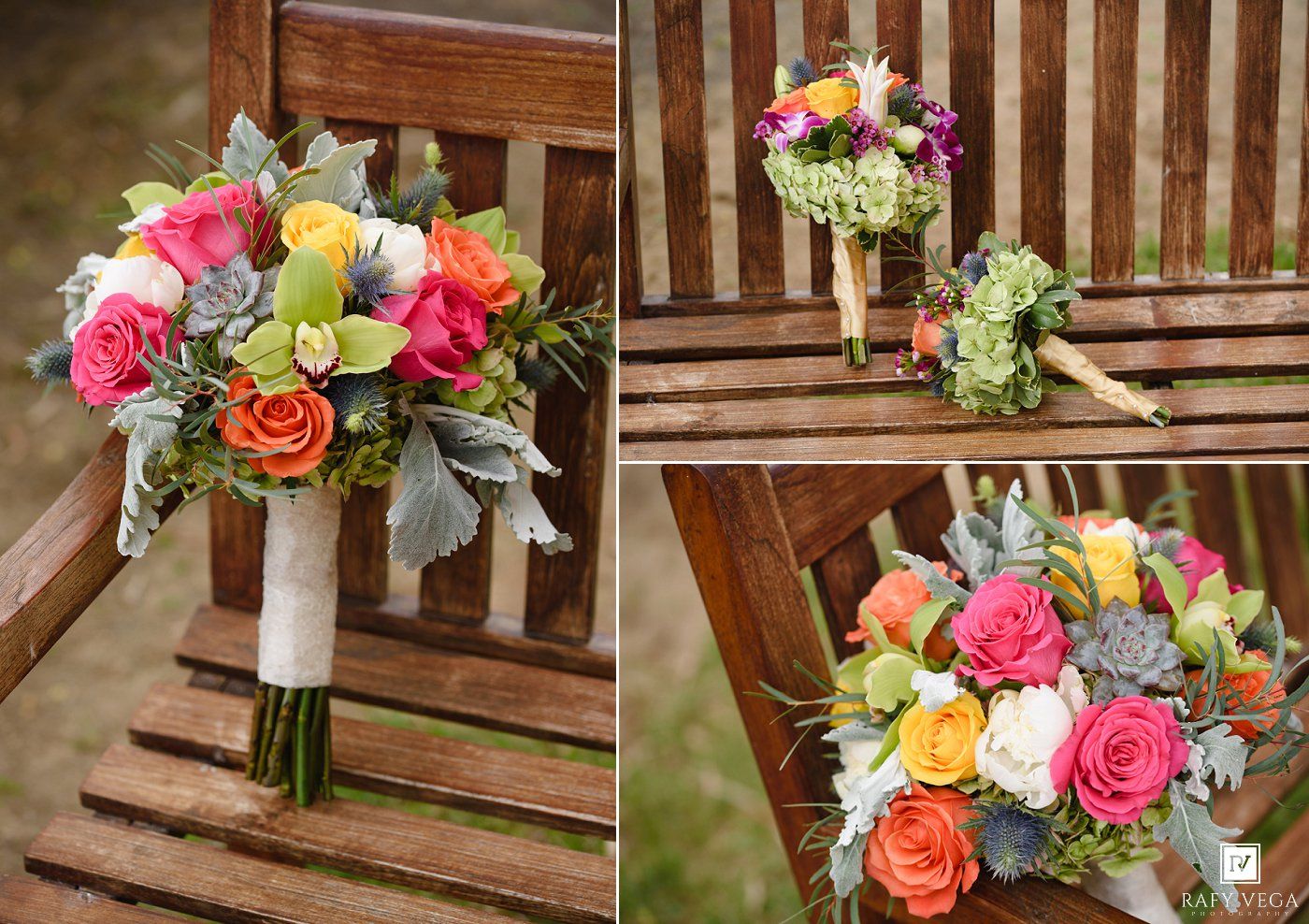 Vibrant bridal bouquet with pink, orange, yellow roses, succulents, and dusty miller displayed on a rustic wooden bench.