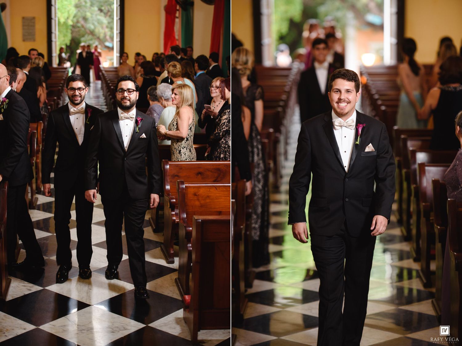 Groom and groomsmen walking down church aisle in black tuxedos at wedding ceremony.