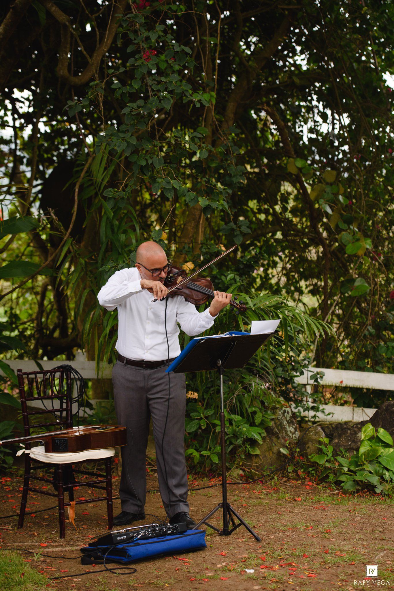 A violinist performs outdoors at a garden wedding, reading sheet music on a stand surrounded by lush greenery.