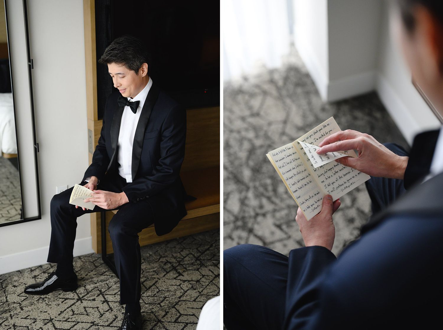 Groom in black tuxedo reads a heartfelt letter while seated, with a close-up detail of the handwritten note.