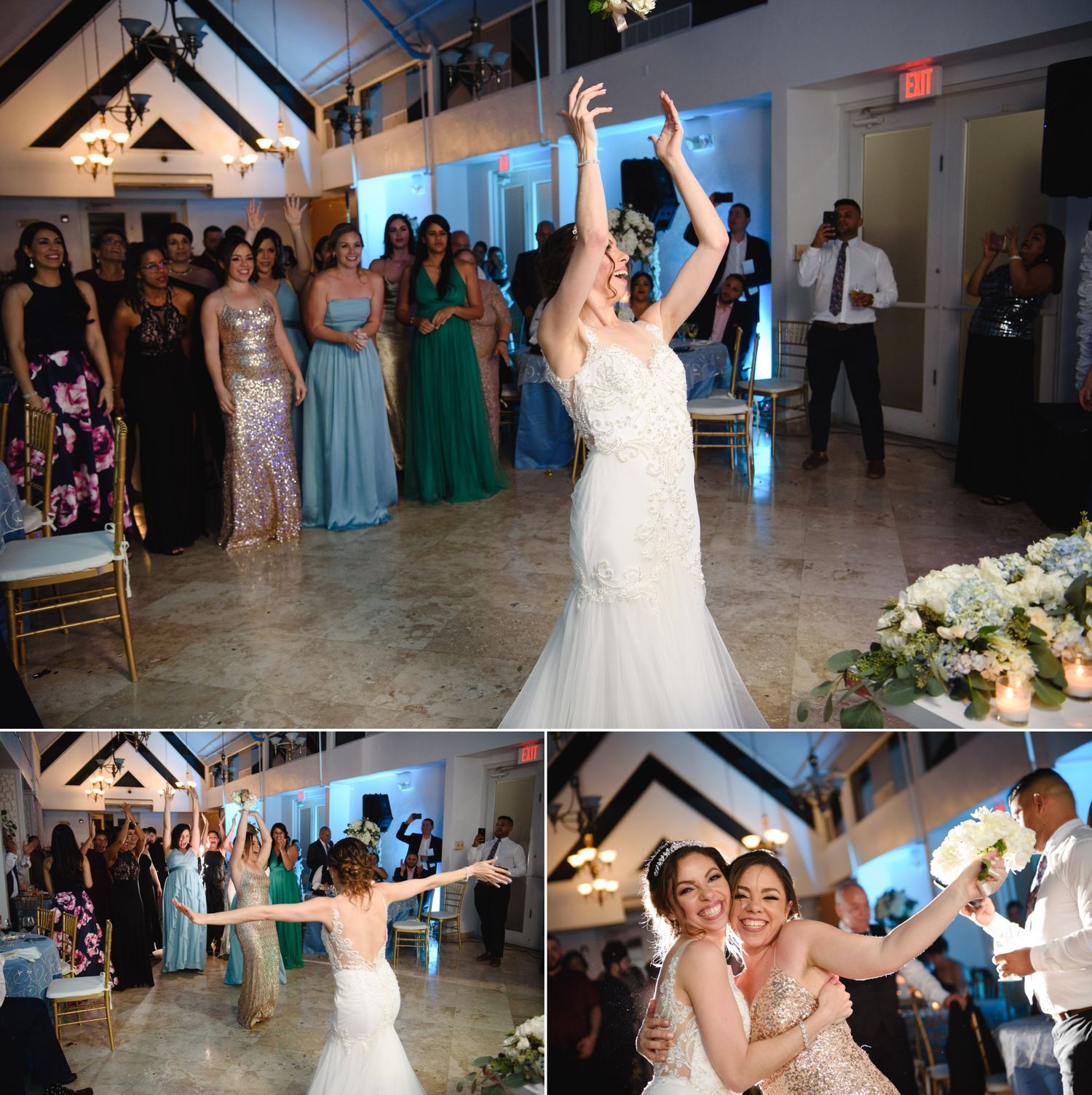 Bride in white gown tosses bouquet at elegant wedding reception while guests in formal attire watch and celebrate.