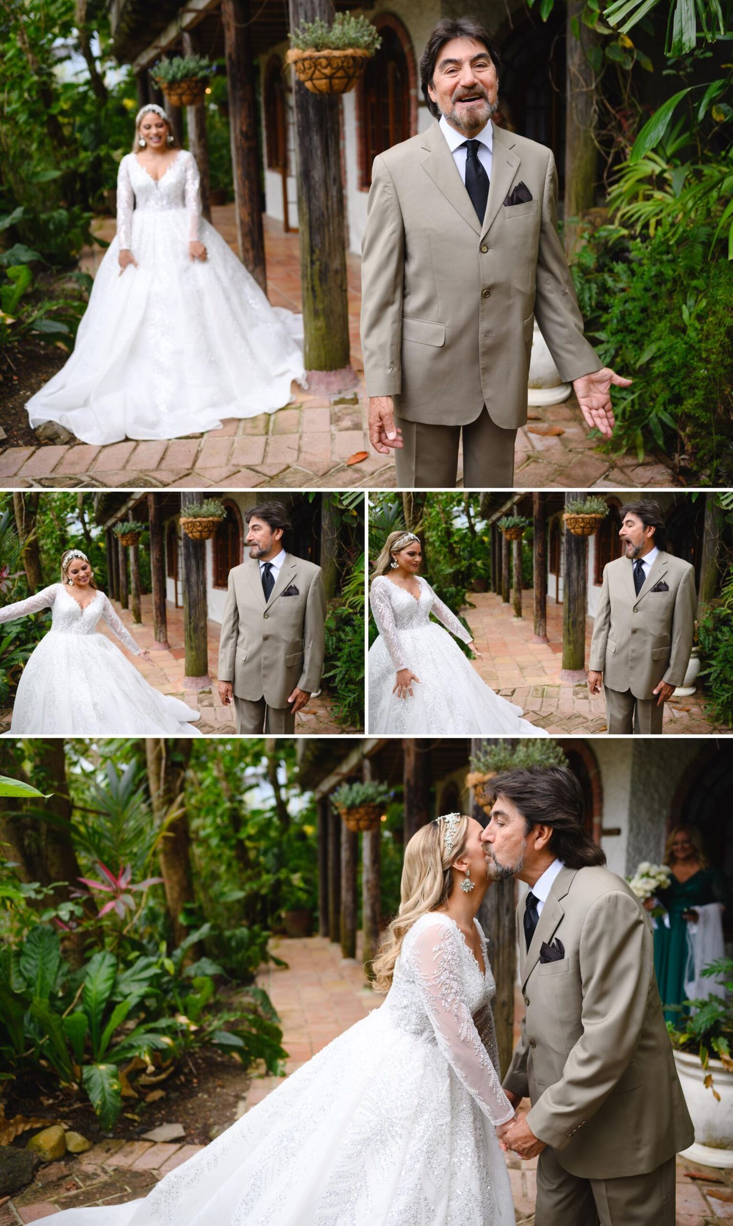 Bride in white lace gown shares emotional first look moments with father and groom in lush garden wedding setting.