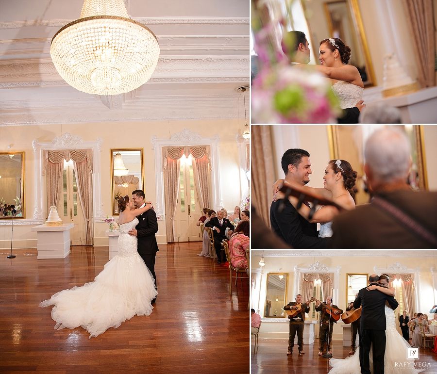 Elegant wedding reception in a grand ballroom featuring first dance, couple portraits, and father-daughter dance moments.