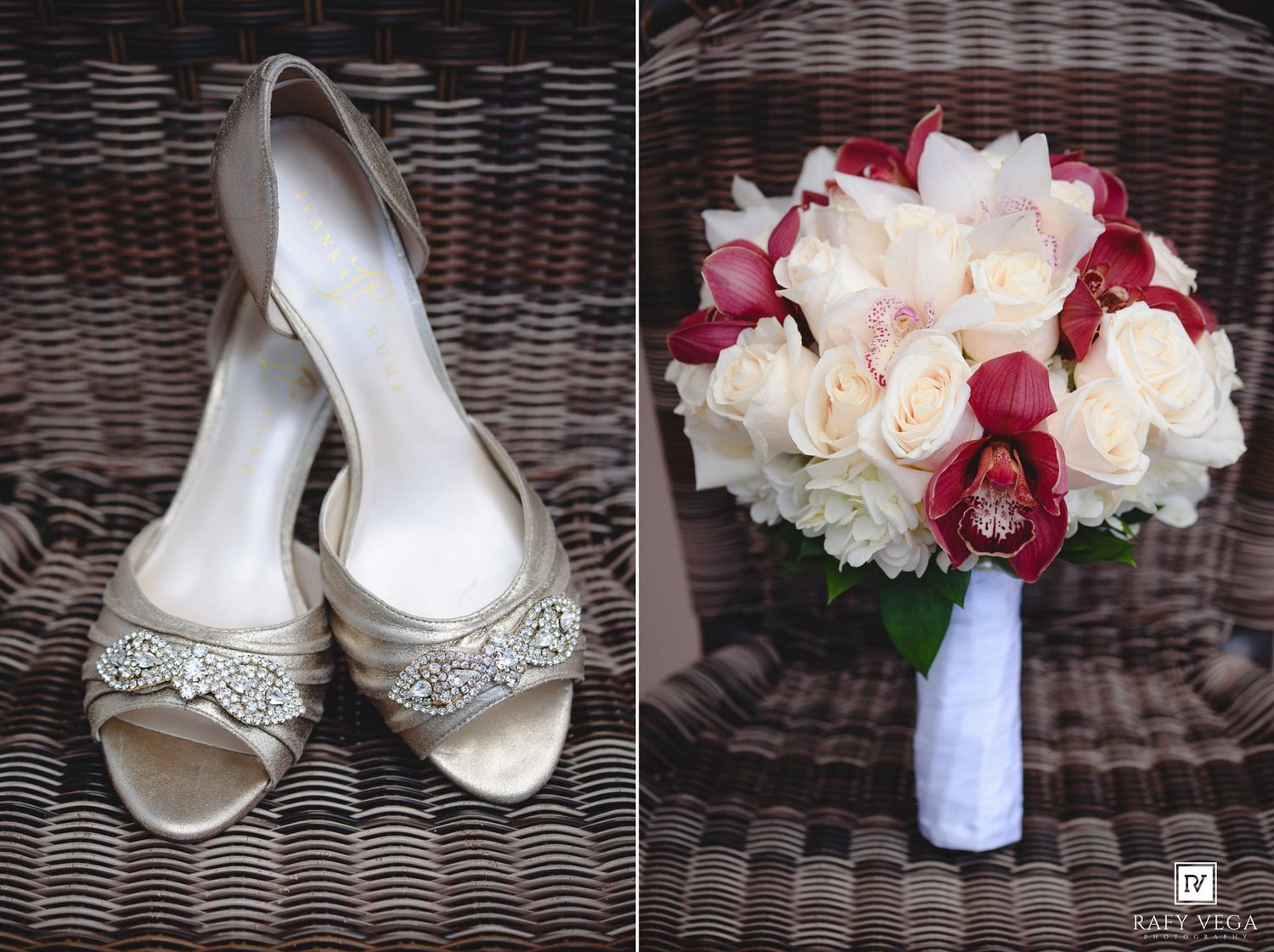 Elegant bridal heels with crystal embellishments beside a lush bouquet of white and red roses and orchids.