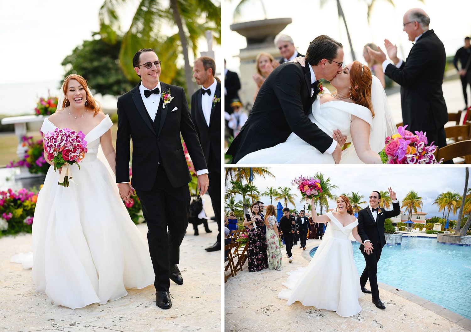 Bride and groom share romantic moments poolside at tropical wedding venue with pink floral arrangements.