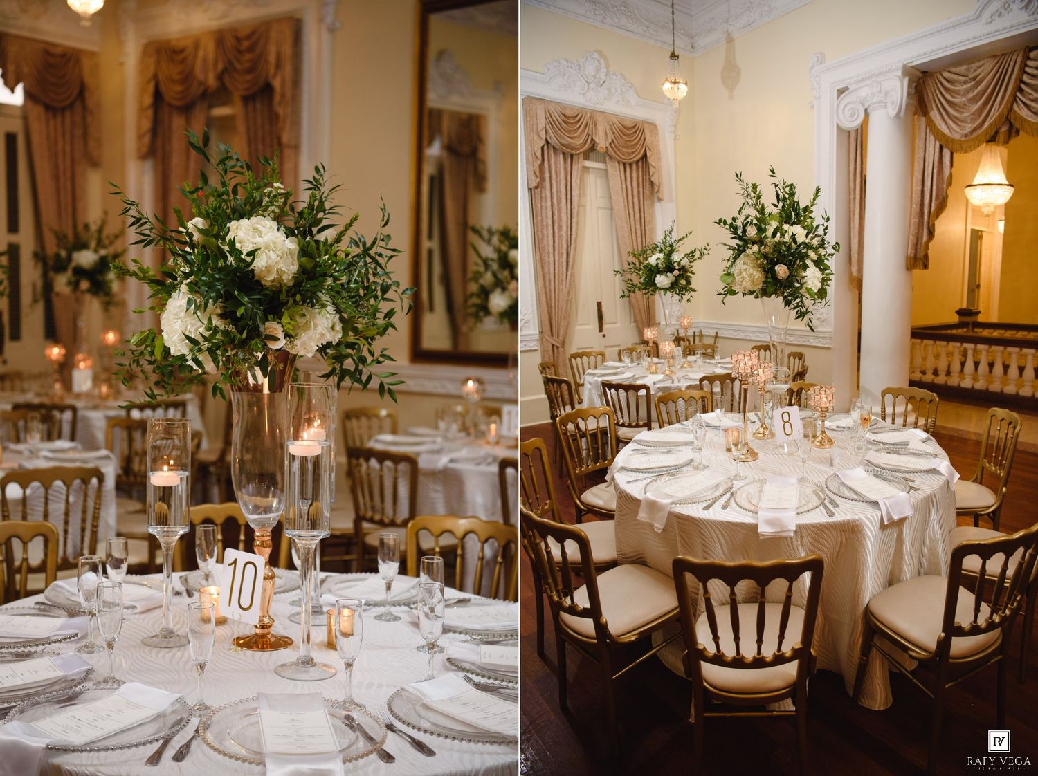 Elegant wedding reception with tall floral centerpieces, white linens, gold chairs, and candlelit tables in a classic ballroom.