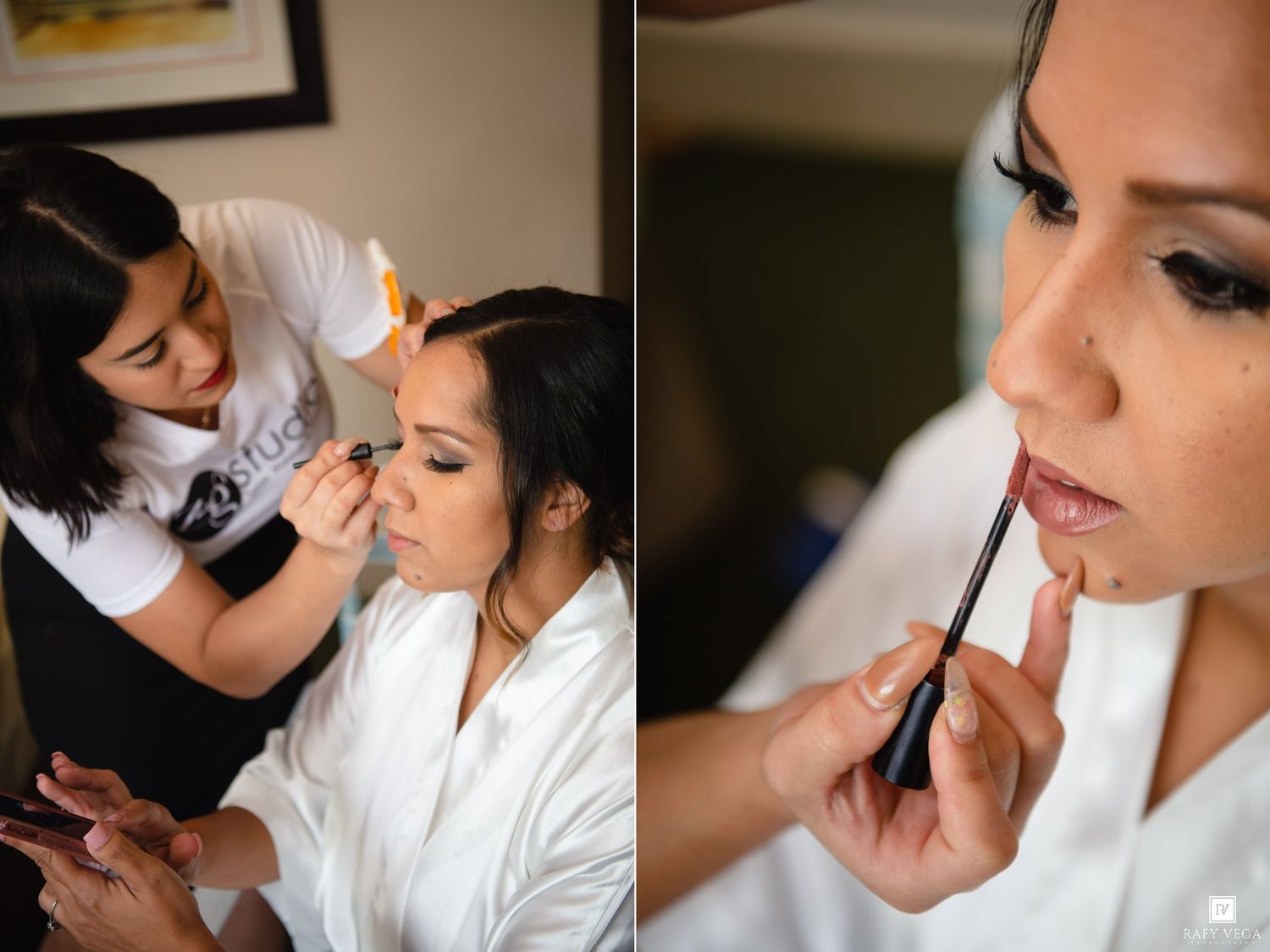 Makeup artist applying eye makeup to a bride in a white robe before her wedding day.