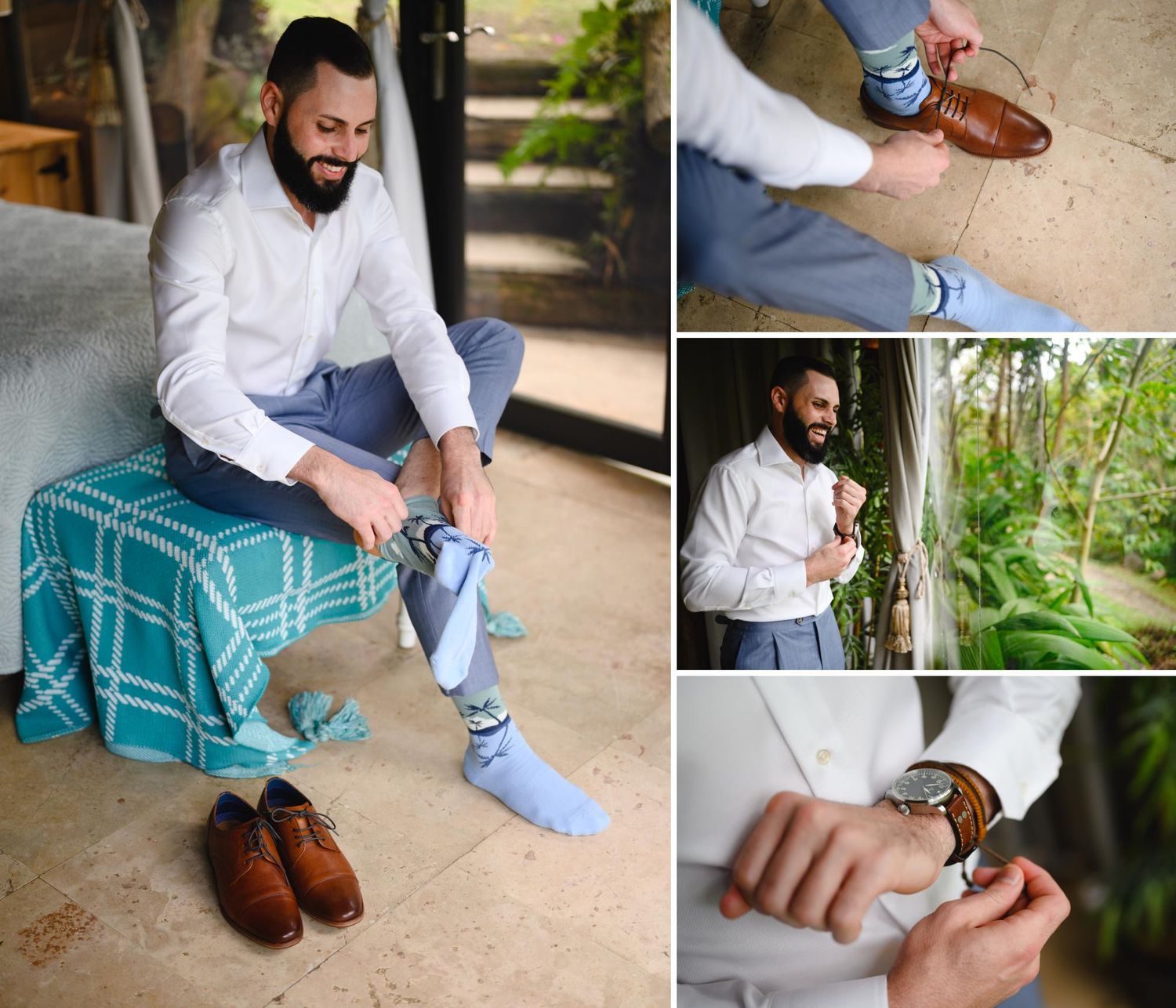 Groom getting dressed for wedding, putting on blue socks, adjusting cufflinks, and tying brown leather dress shoes.
