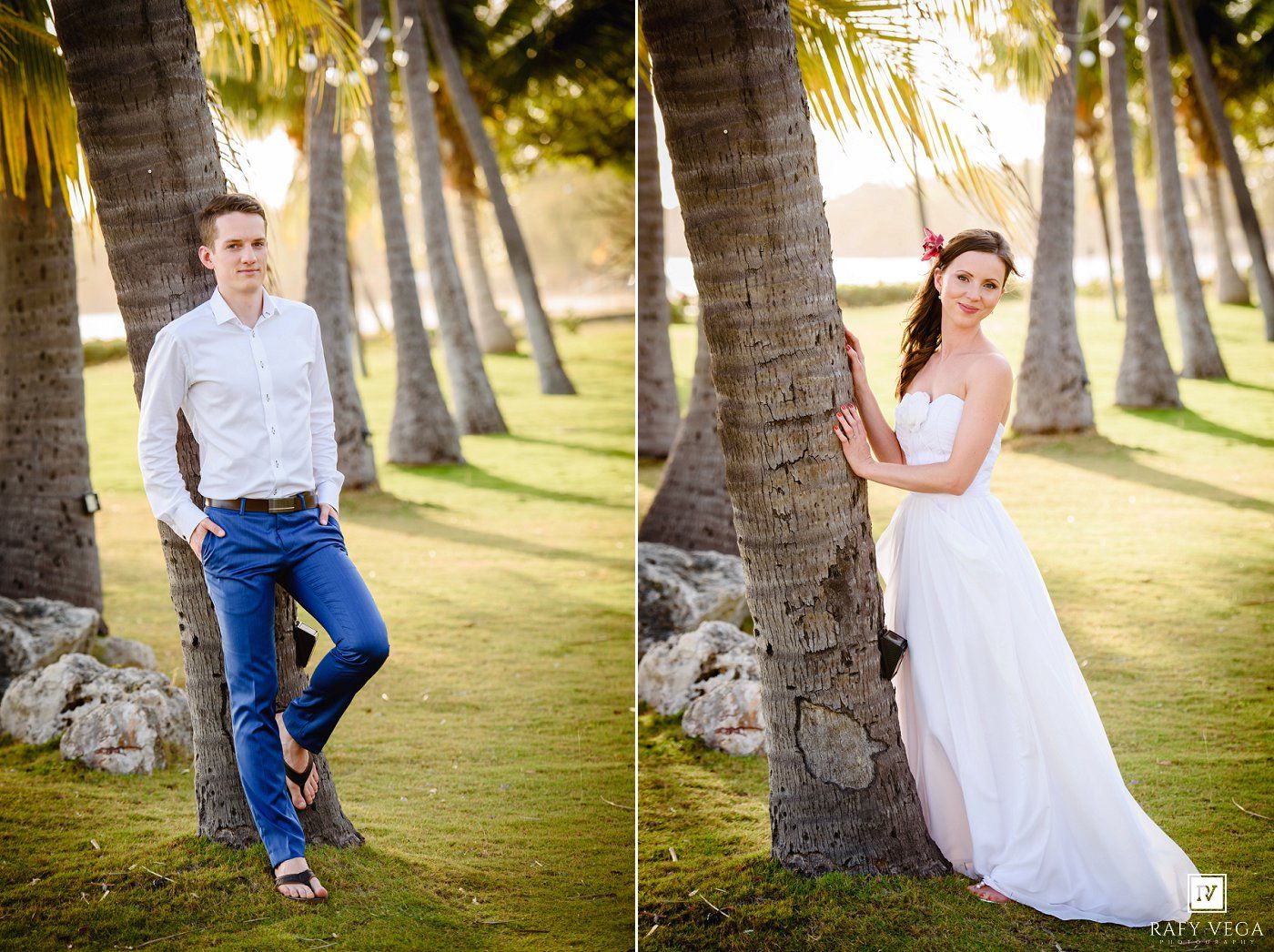 Couple posing separately against palm trees on tropical lawn, man in blue jeans and woman in white wedding gown.