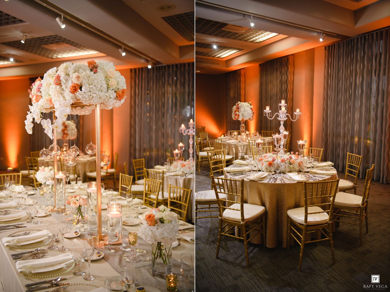 Elegant wedding reception venue with tall floral centerpieces, gold Chiavari chairs, and warm amber lighting.