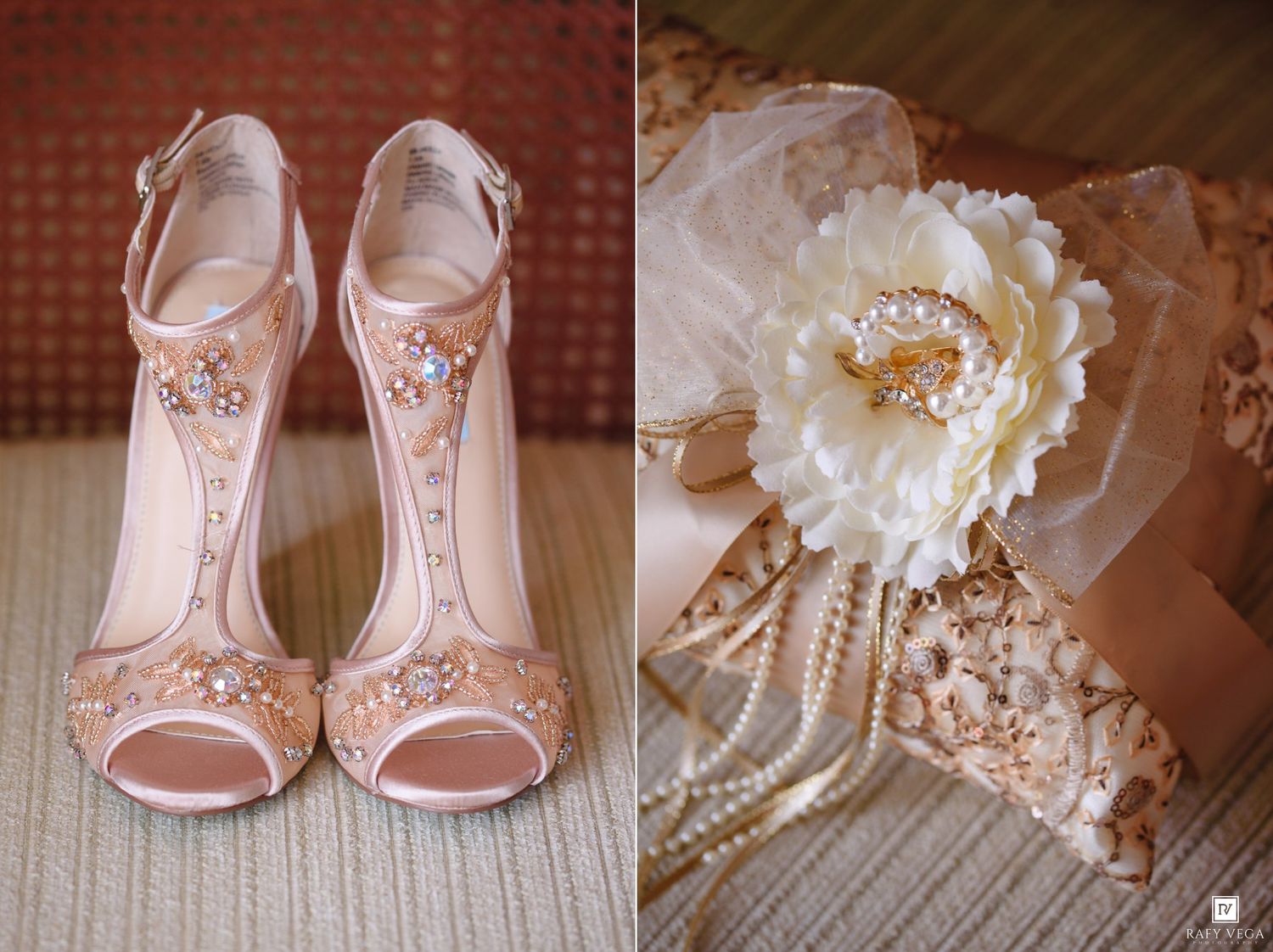 Elegant blush pink bridal heels with jewel embellishments beside a floral corsage with pearls and gold brooch.