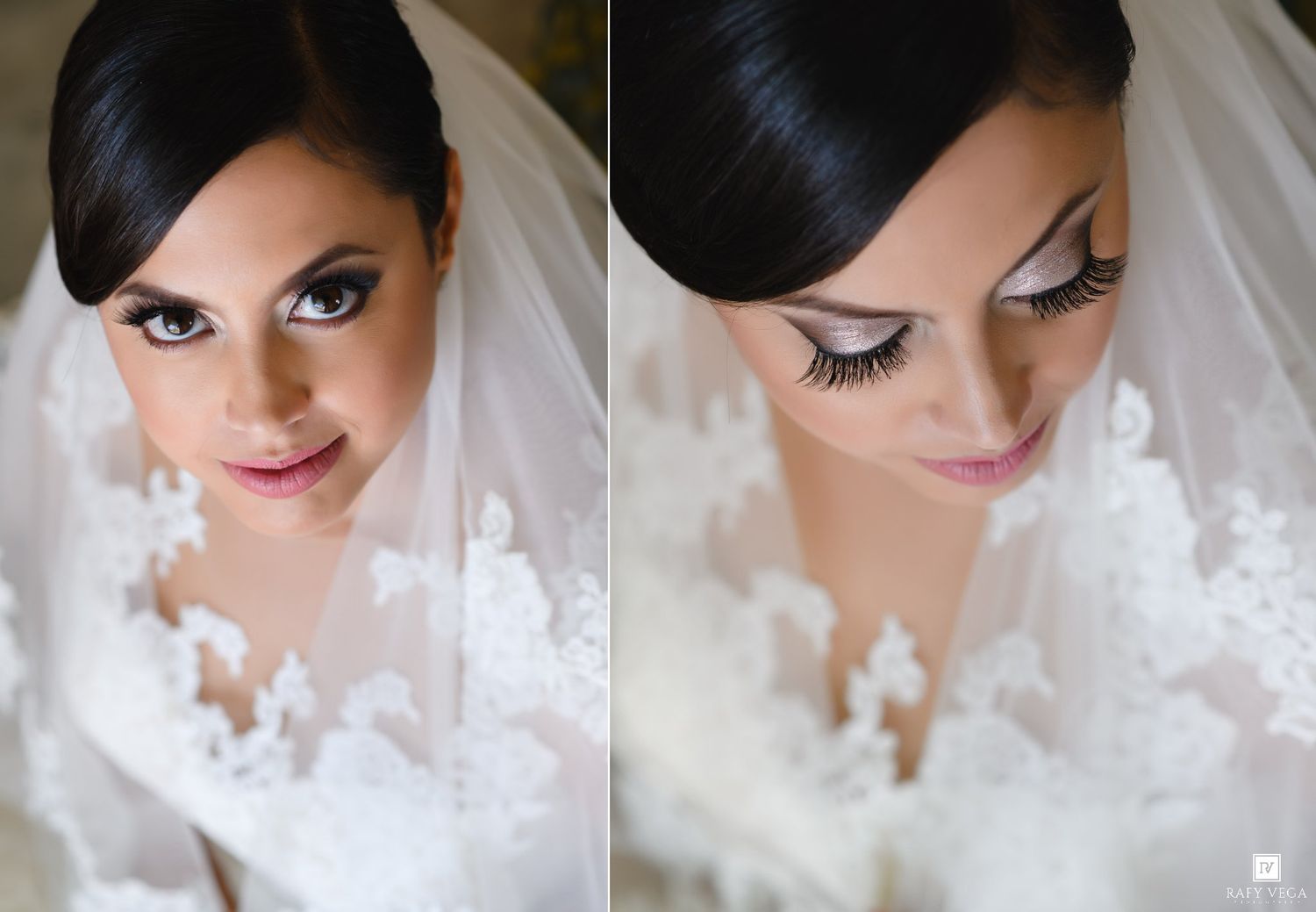 Elegant bride with dramatic eye makeup, long lashes, and white lace wedding dress with veil, shown in dual portrait.