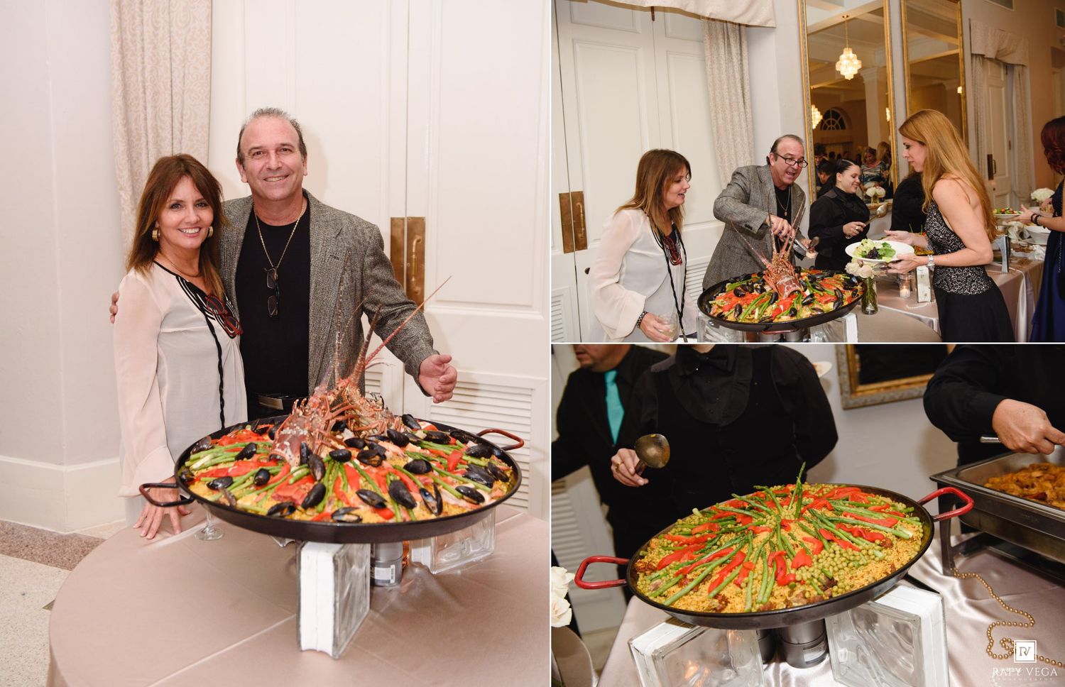 Guests serving themselves from large paella pans at a catered wedding reception event.