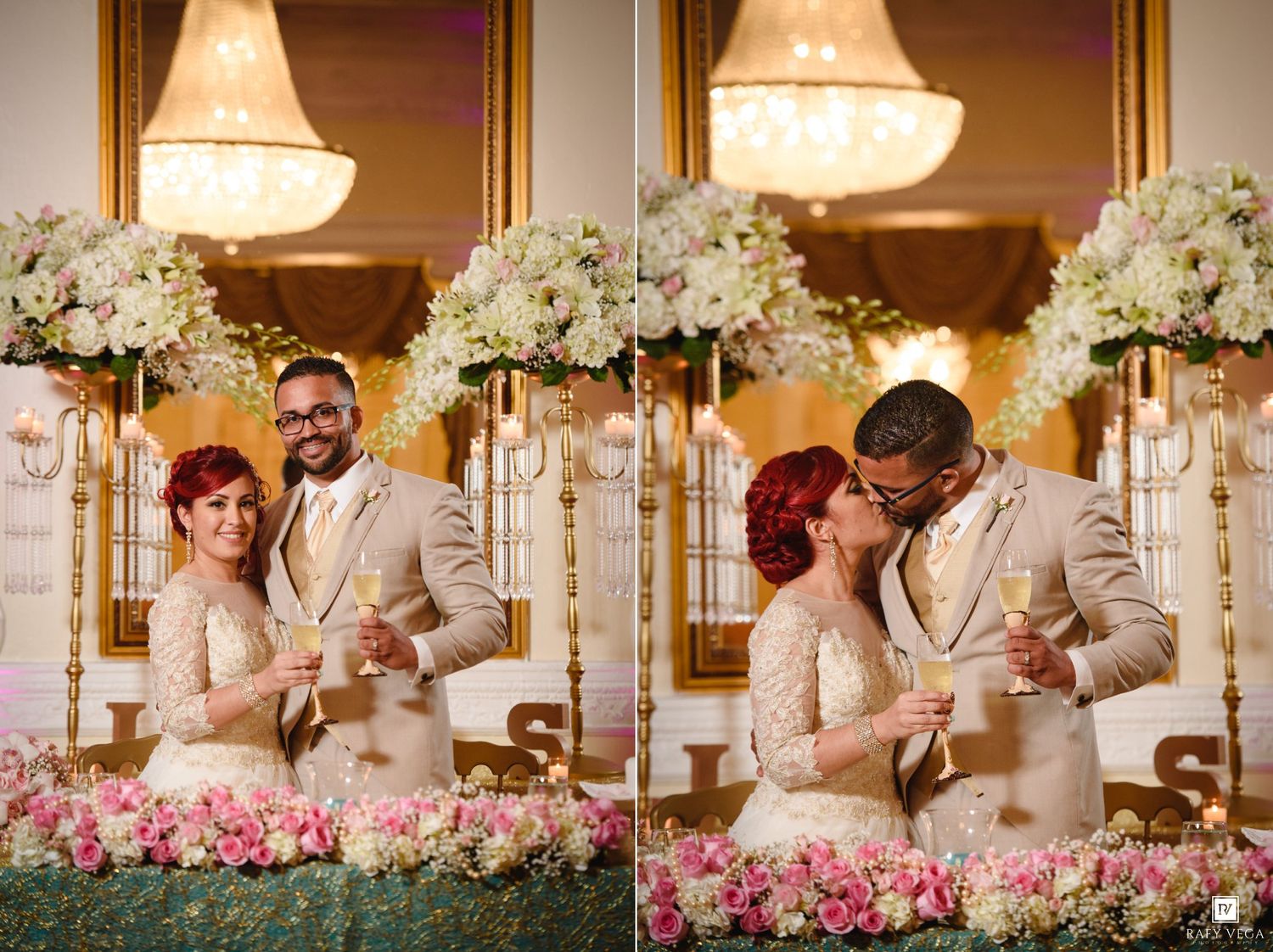 Bride and groom sharing a kiss and champagne toast at elegant wedding reception with floral arrangements.