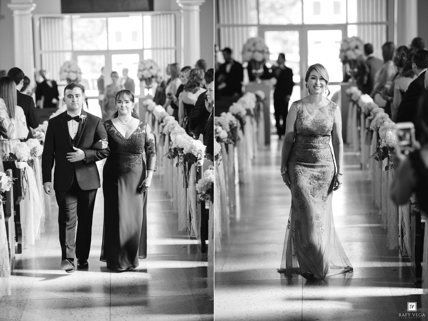 Black and white wedding processional photos showing groomsman escorting woman down aisle and elegant guest in gown walking alone.