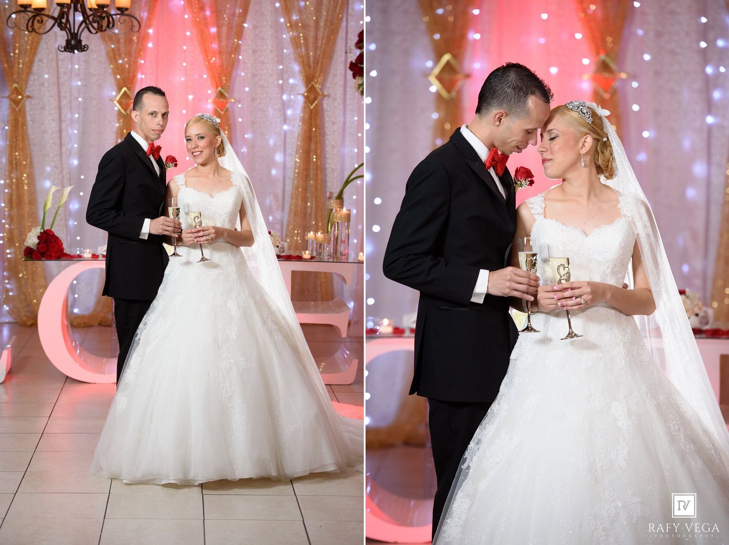 Bride and groom sharing a champagne toast at their elegant wedding reception with twinkling lights.