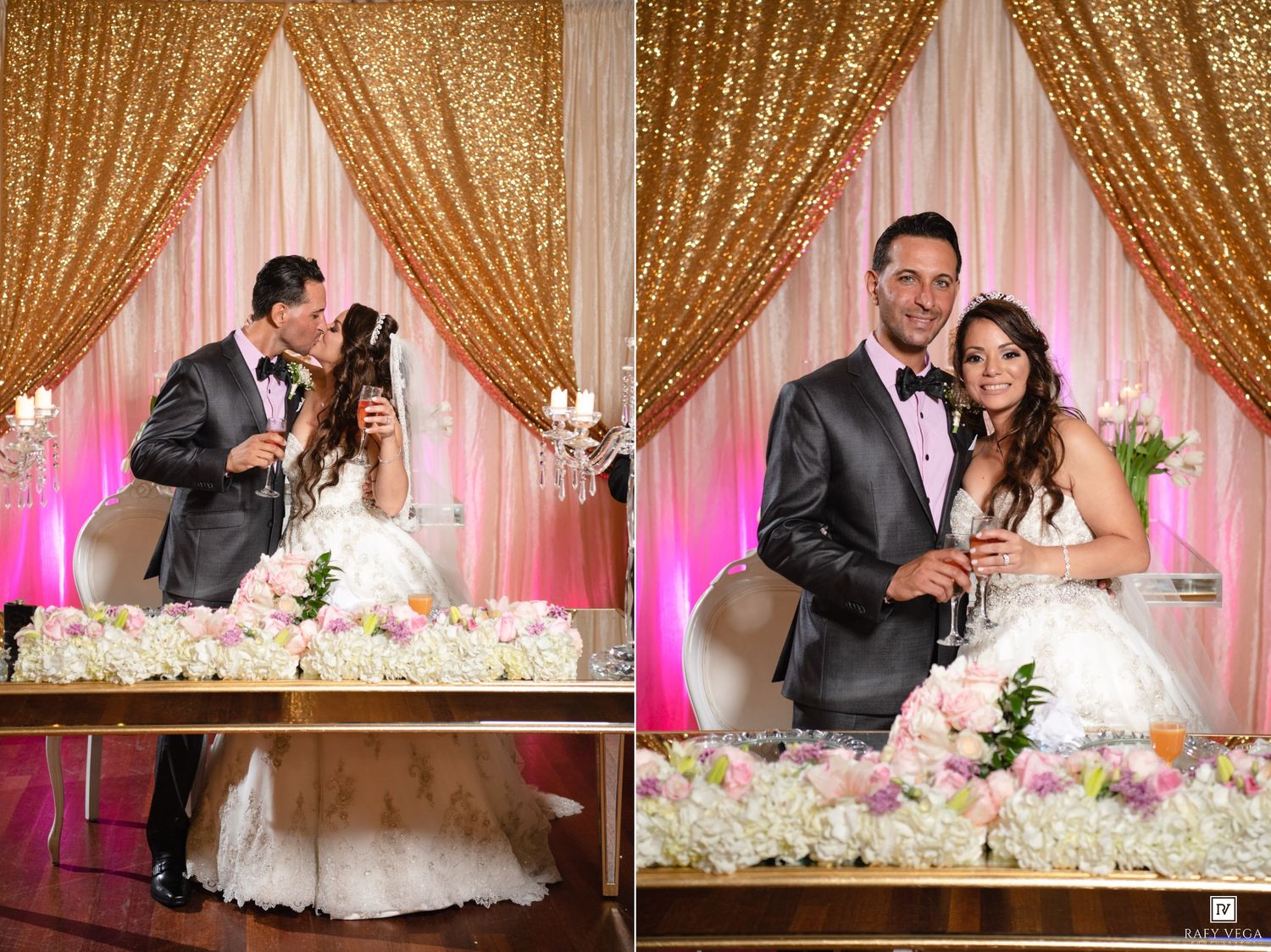 Bride and groom share a champagne toast at elegantly decorated wedding reception table with gold sequin backdrop.