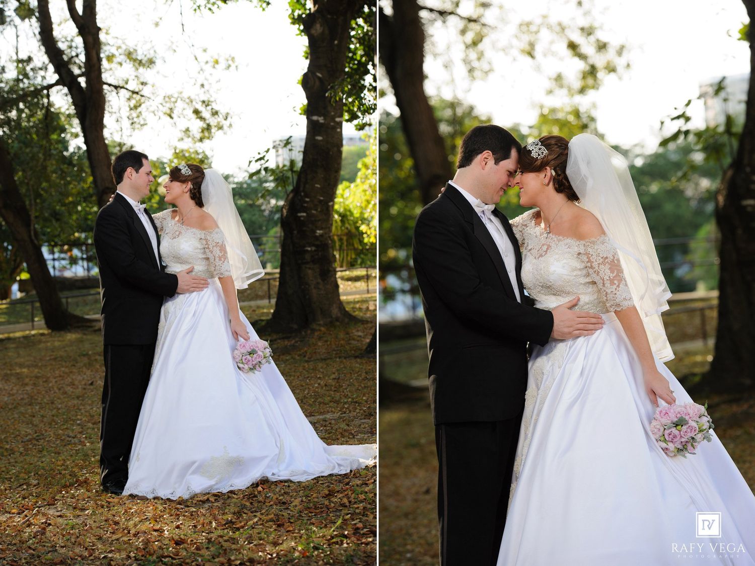 Bride and groom share romantic moments in a lush park setting, with the bride in a elegant white ball gown.