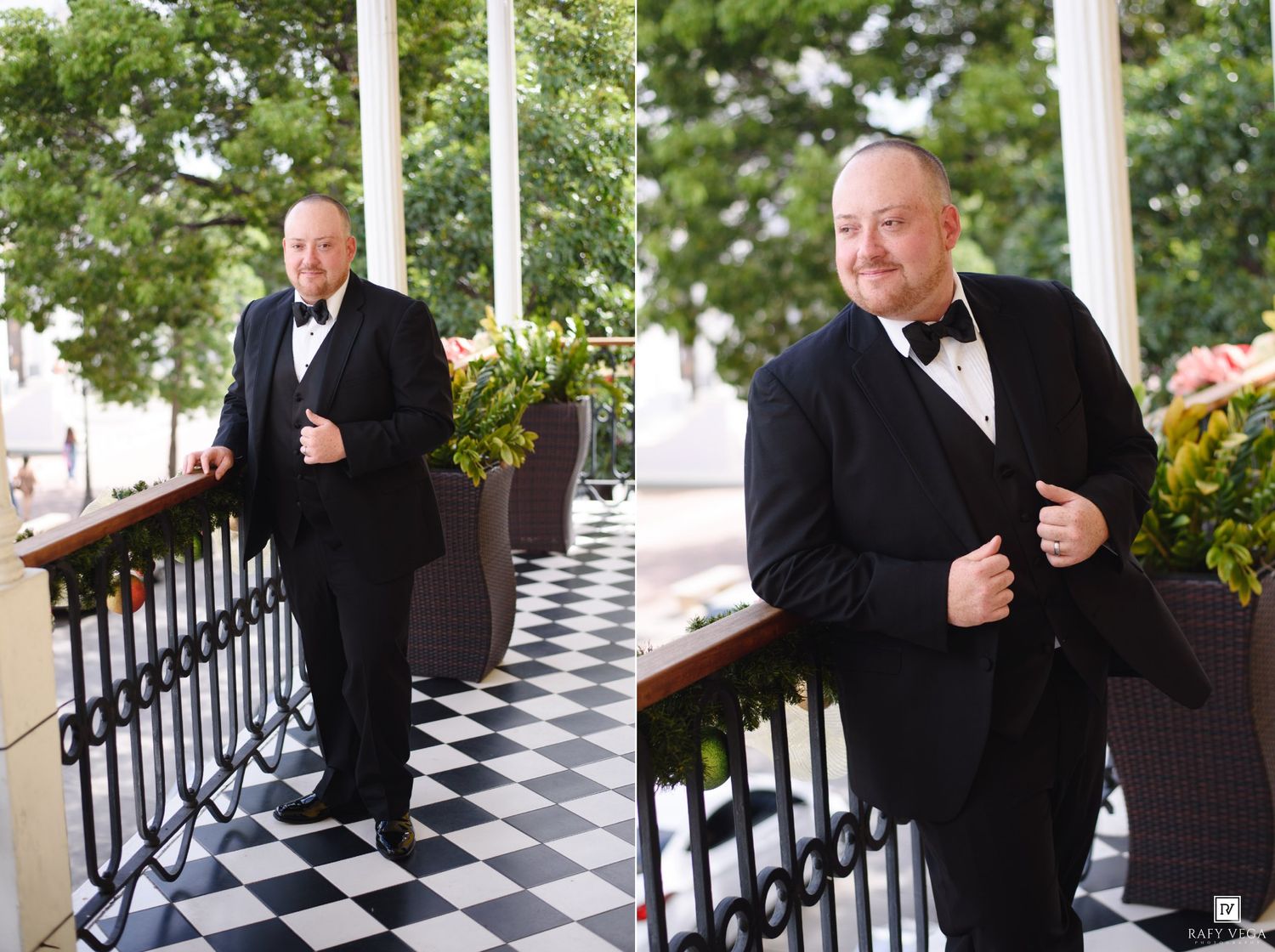 Man in black tuxedo and bow tie posing on a classic checkered floor porch with white columns.