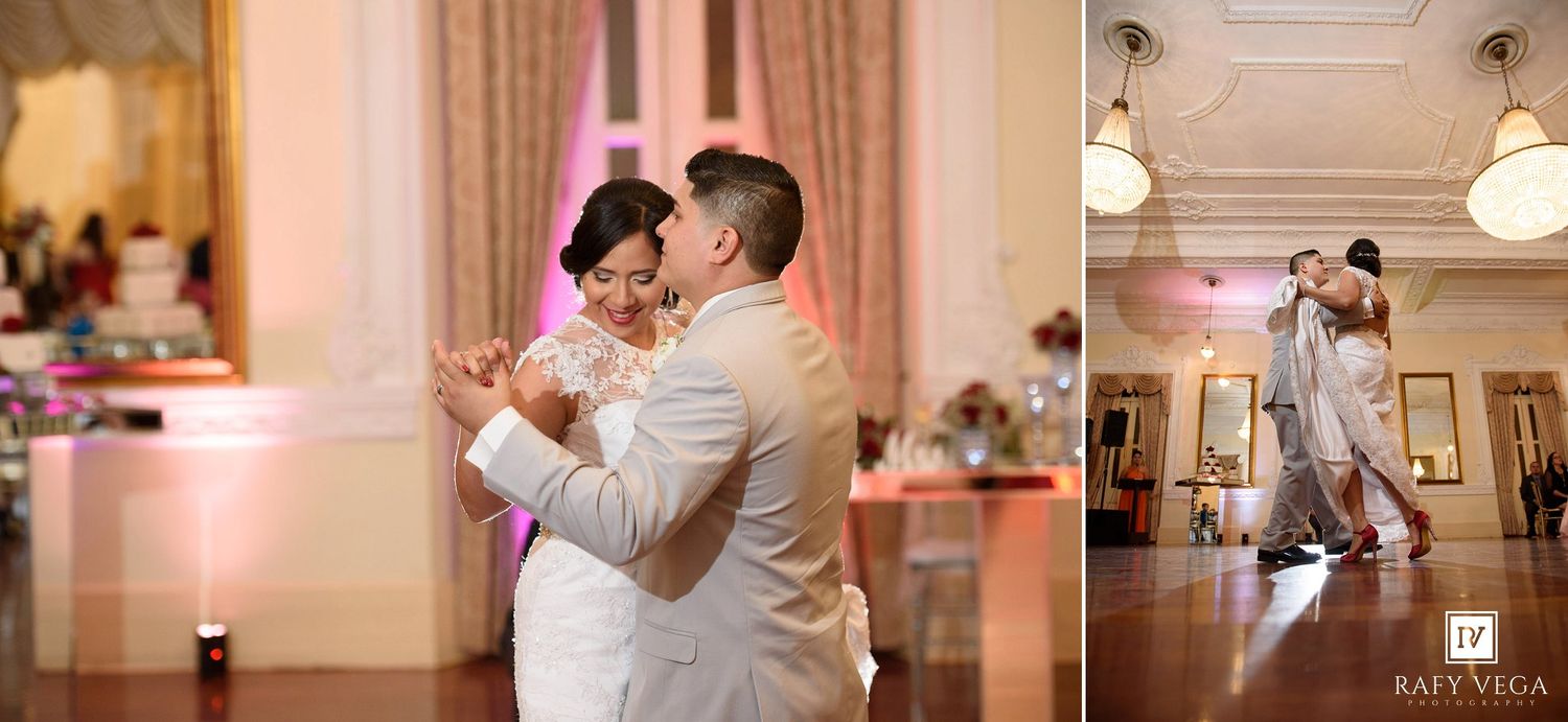 Bride and groom share their first dance at elegant wedding reception venue with soft pink lighting.