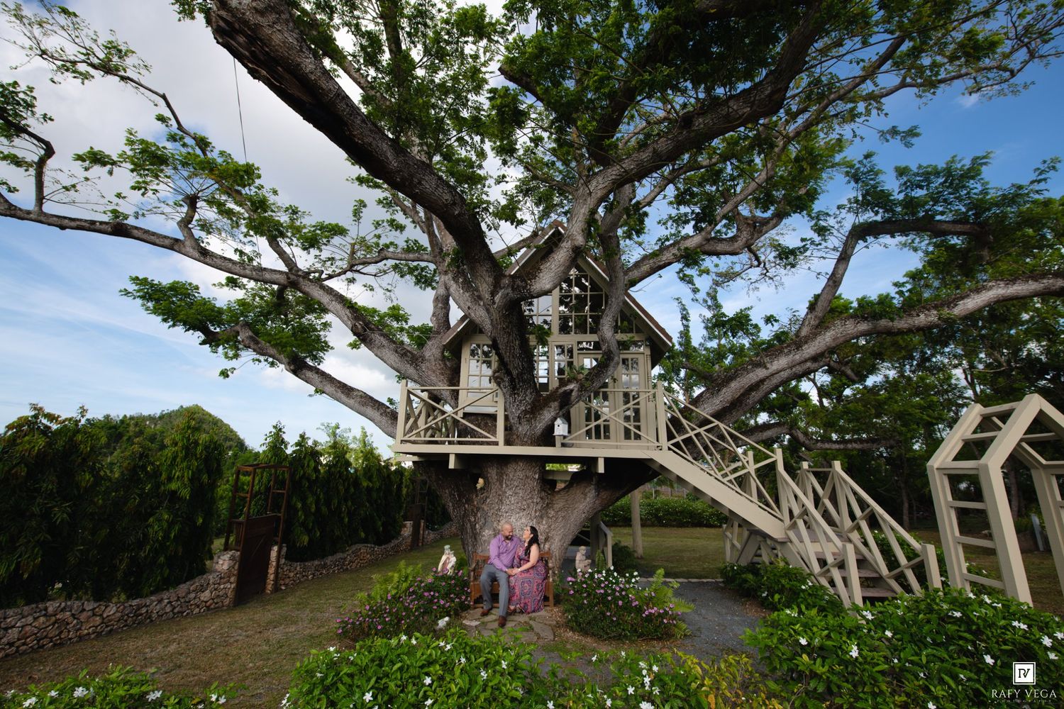 Couple standing beneath a large treehouse built into a sprawling tree with wooden stairs and lush garden surroundings.