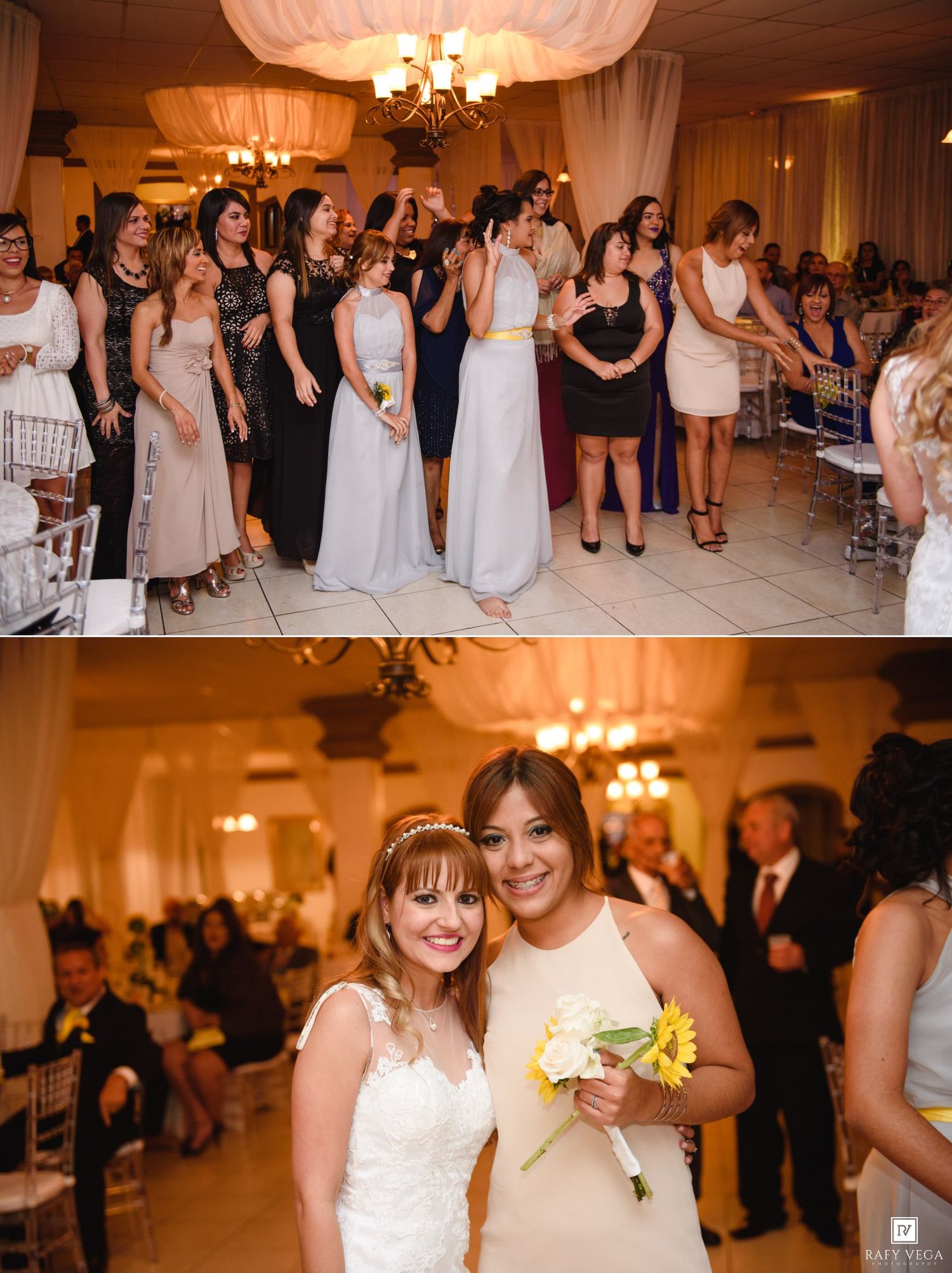 Bride tosses bouquet to excited guests at elegant wedding reception, with bridesmaids and friends gathered on dance floor.