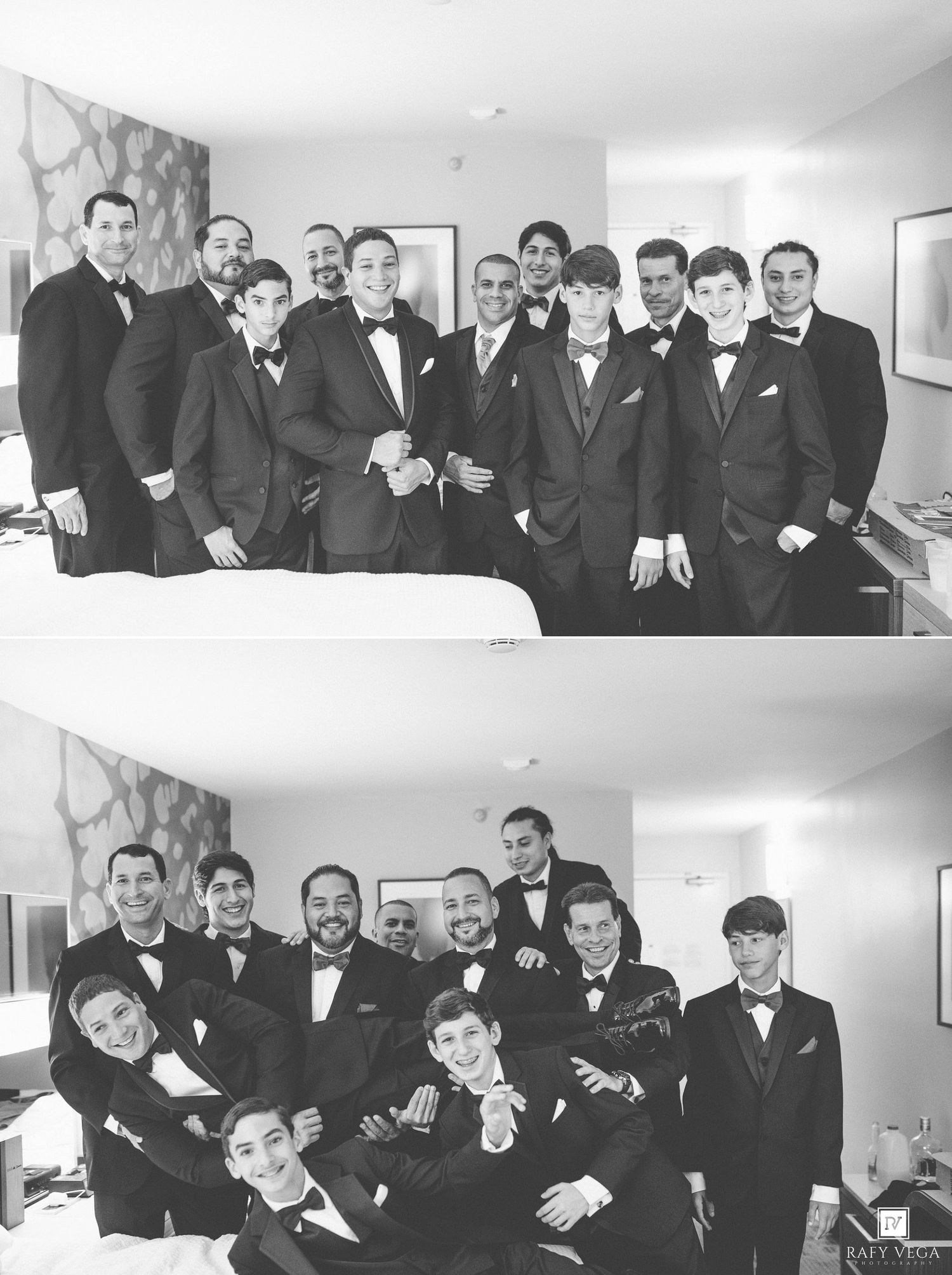 Black and white photo collage of a groom and groomsmen in tuxedos posing together in a hotel room.