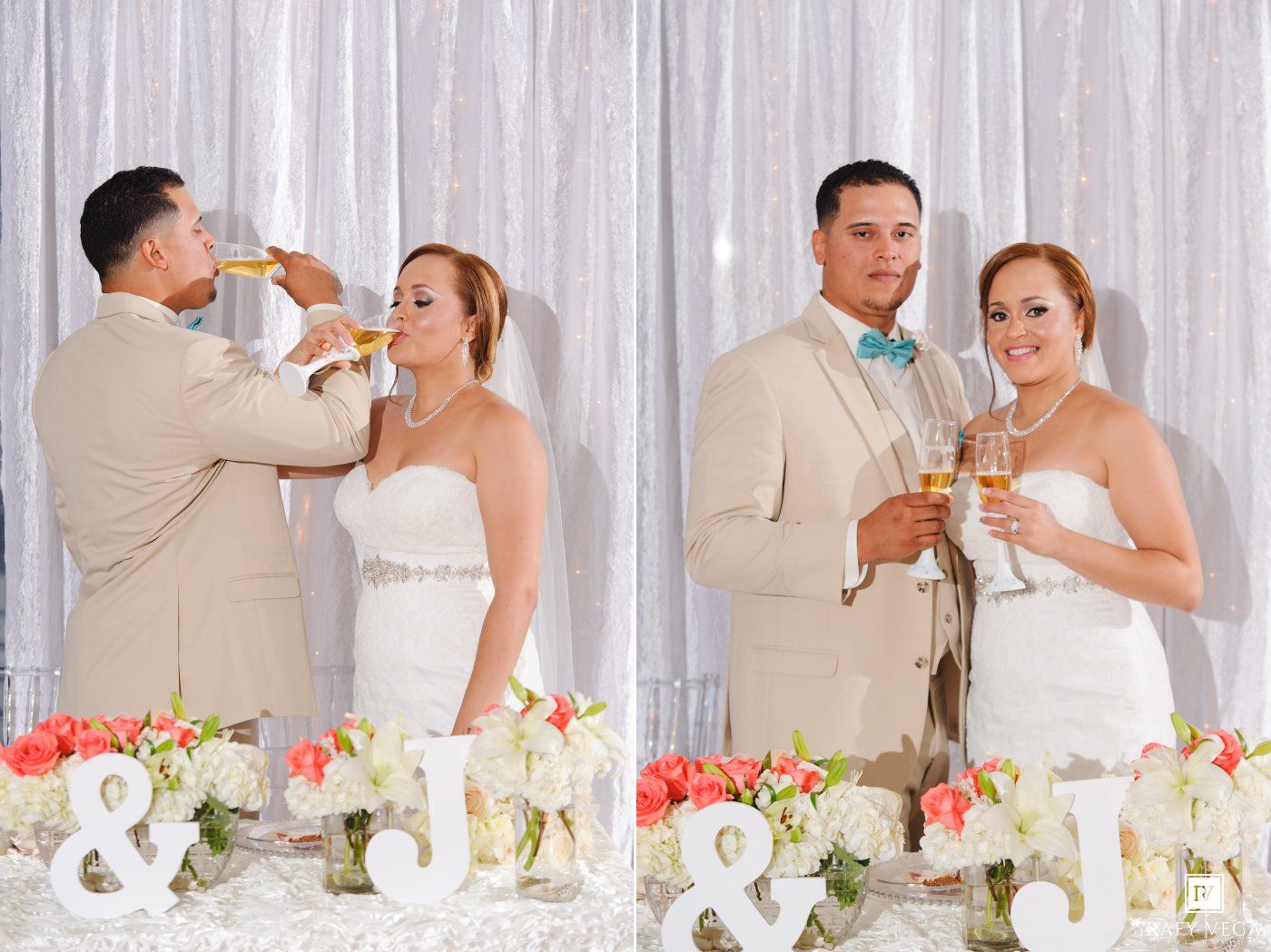 Bride and groom toasting with champagne at wedding reception, decorated table with floral arrangements and monogram letters.
