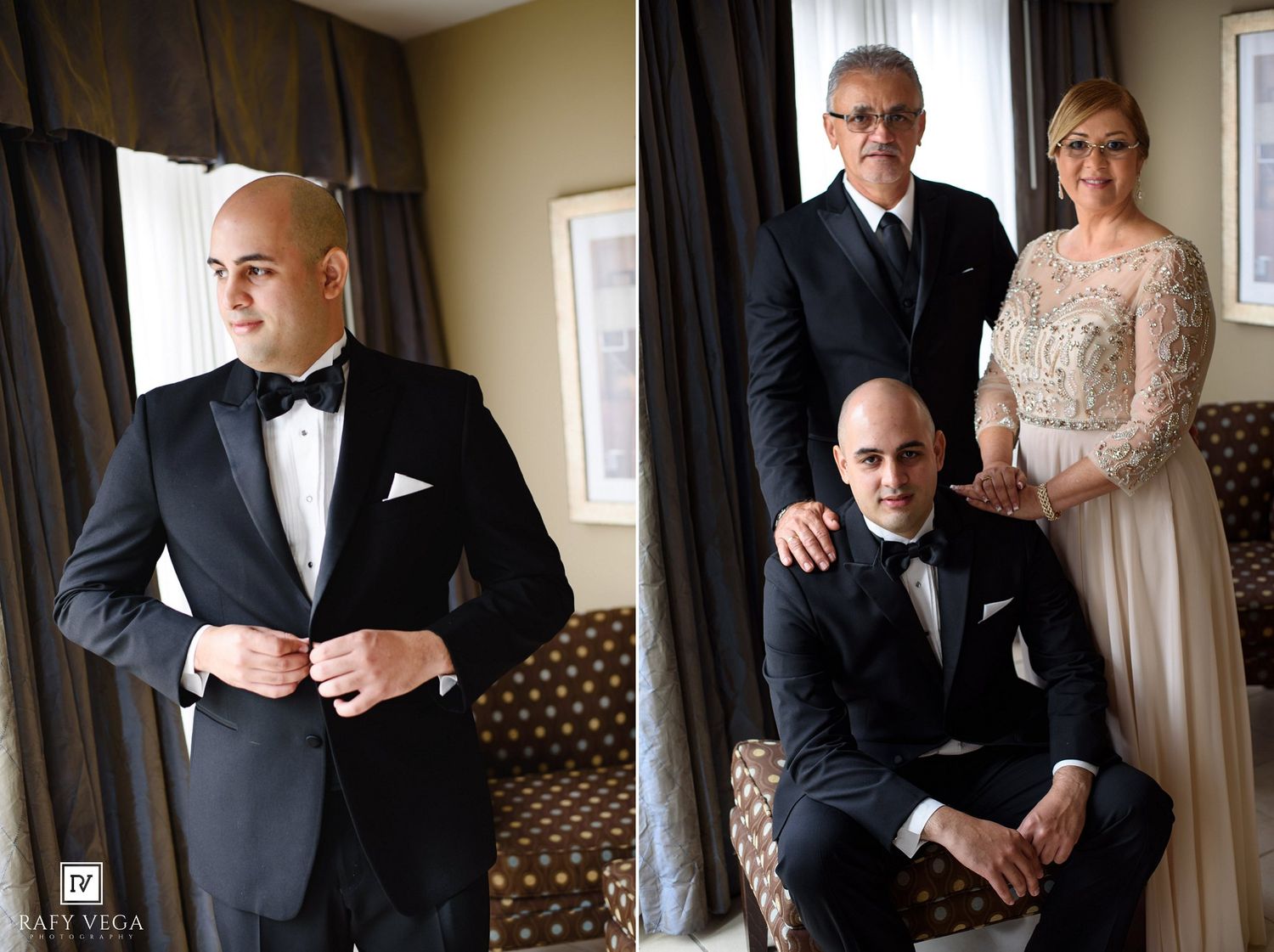 Groom in black tuxedo adjusting jacket, posed with family members in elegant wedding preparation photos.