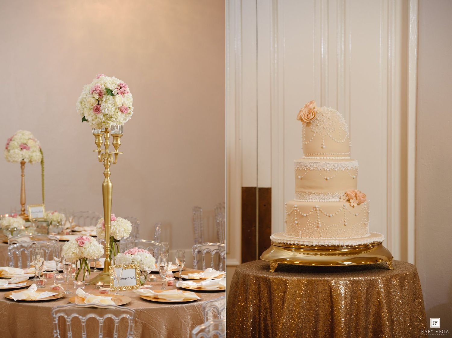 Elegant wedding reception with tall floral centerpieces and a four-tier white cake on a gold sequin tablecloth.