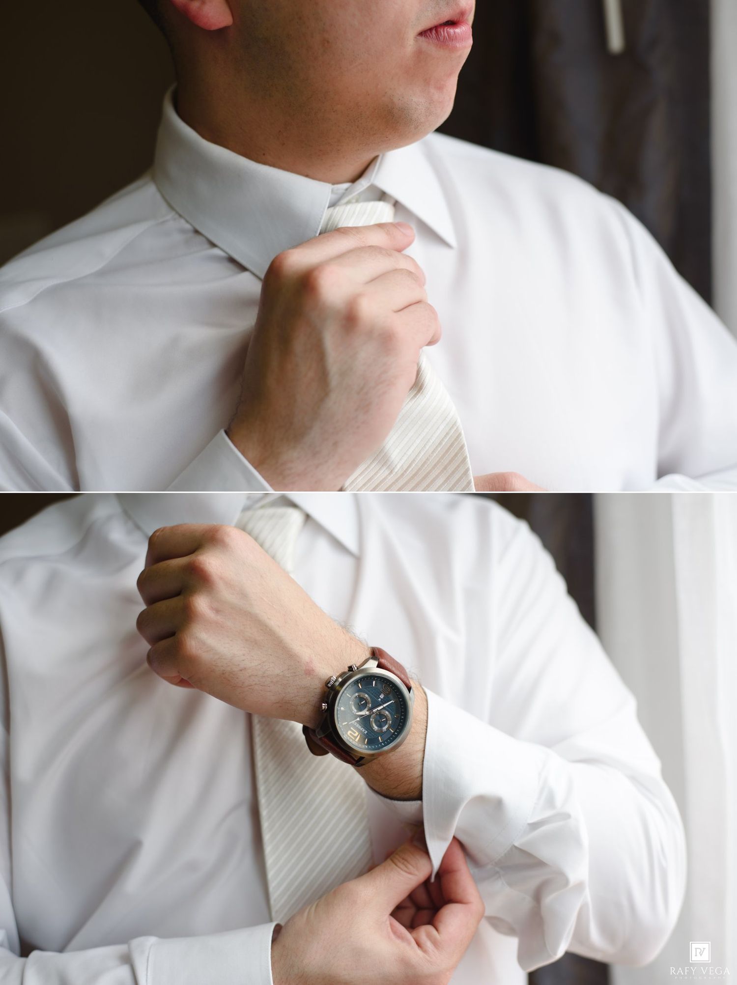Man in white dress shirt adjusting striped tie, with second image showing him fastening cufflinks on his watch wrist.