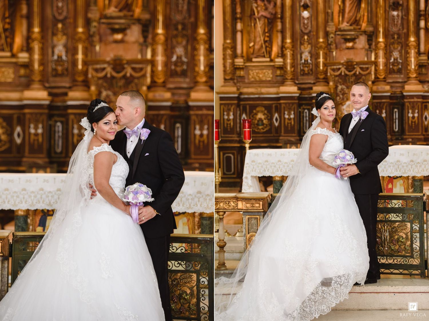 Bride and groom posing elegantly at a church altar, bride in lace gown holding purple bouquet, groom in suit with bow tie.