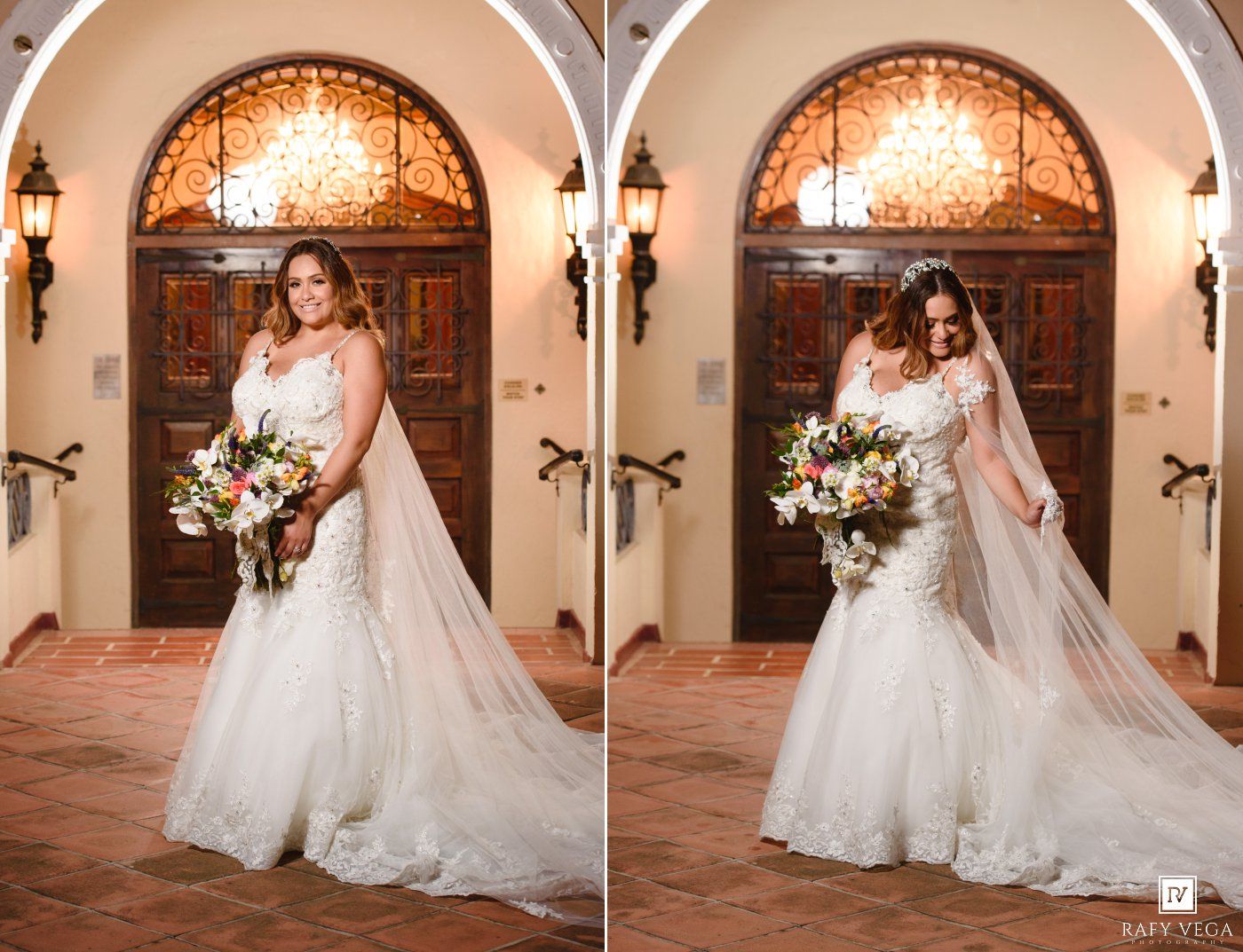Bride in lace mermaid gown holding floral bouquet poses before ornate wooden doors in elegant venue.