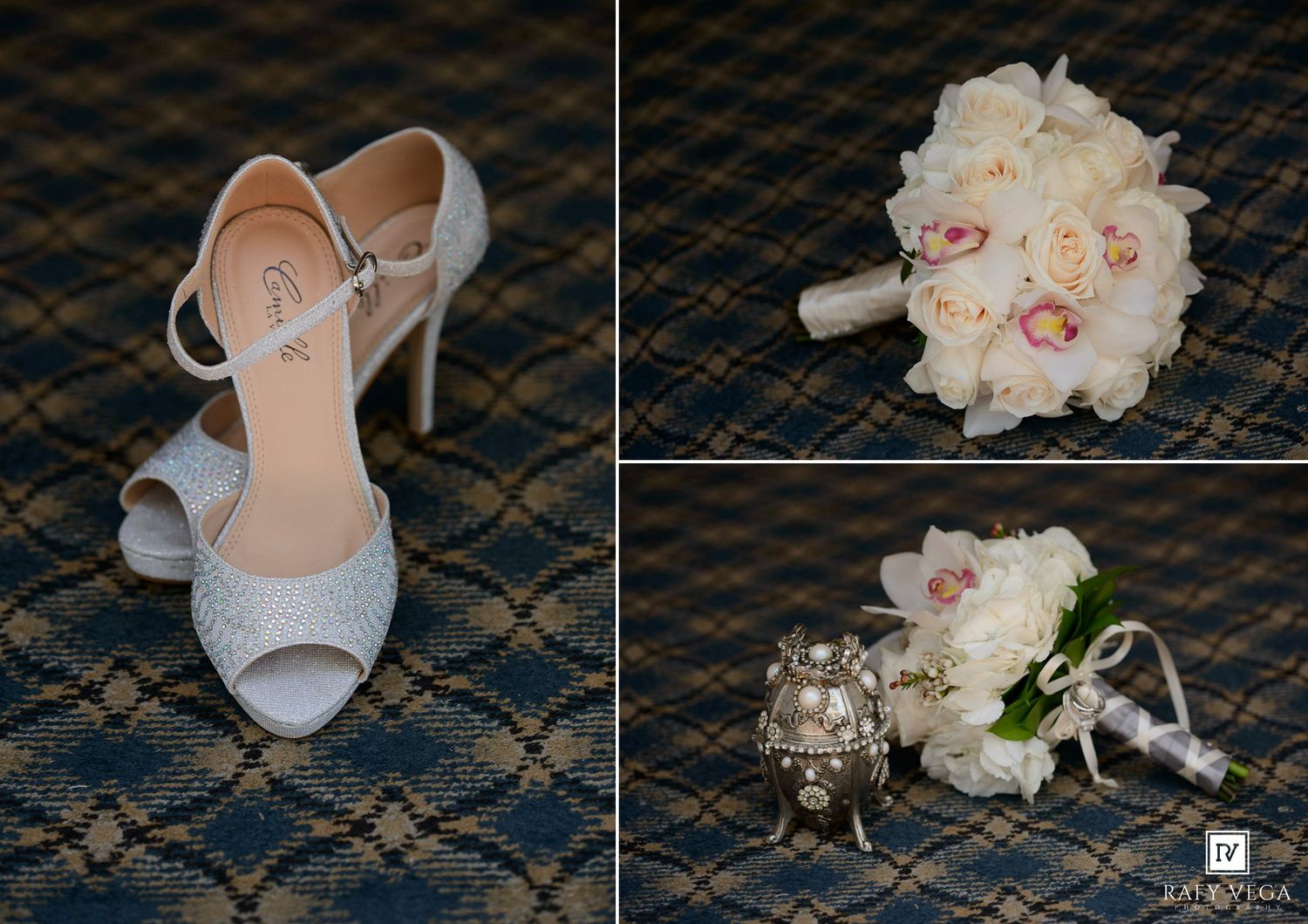 Elegant wedding details featuring glittery heels, a white rose bouquet, and ornate perfume bottles on a blue patterned surface.