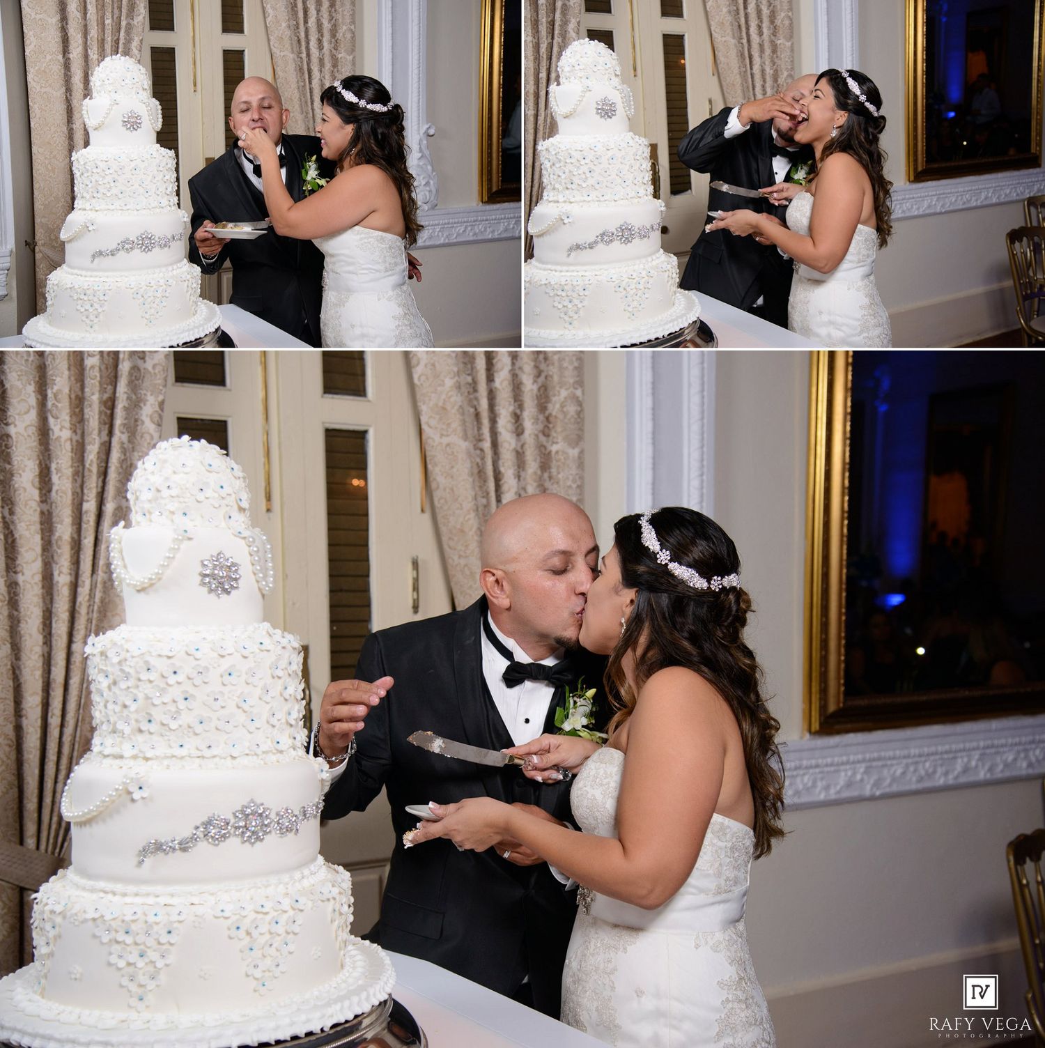 Bride and groom cutting and tasting their elegant white multi-tiered wedding cake at their reception.