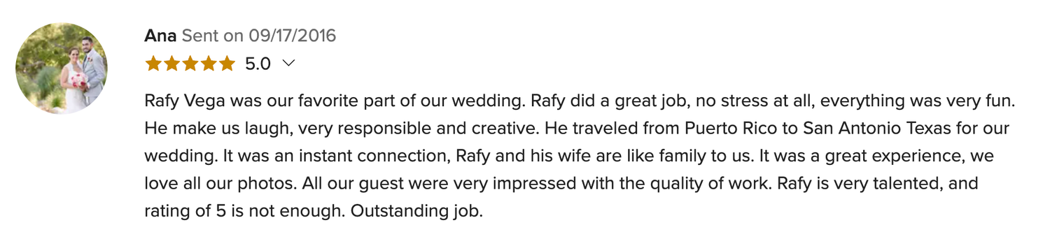 5-star customer review praising Rafy Vega as a talented, responsive wedding photographer from Puerto Rico serving San Antonio, TX.