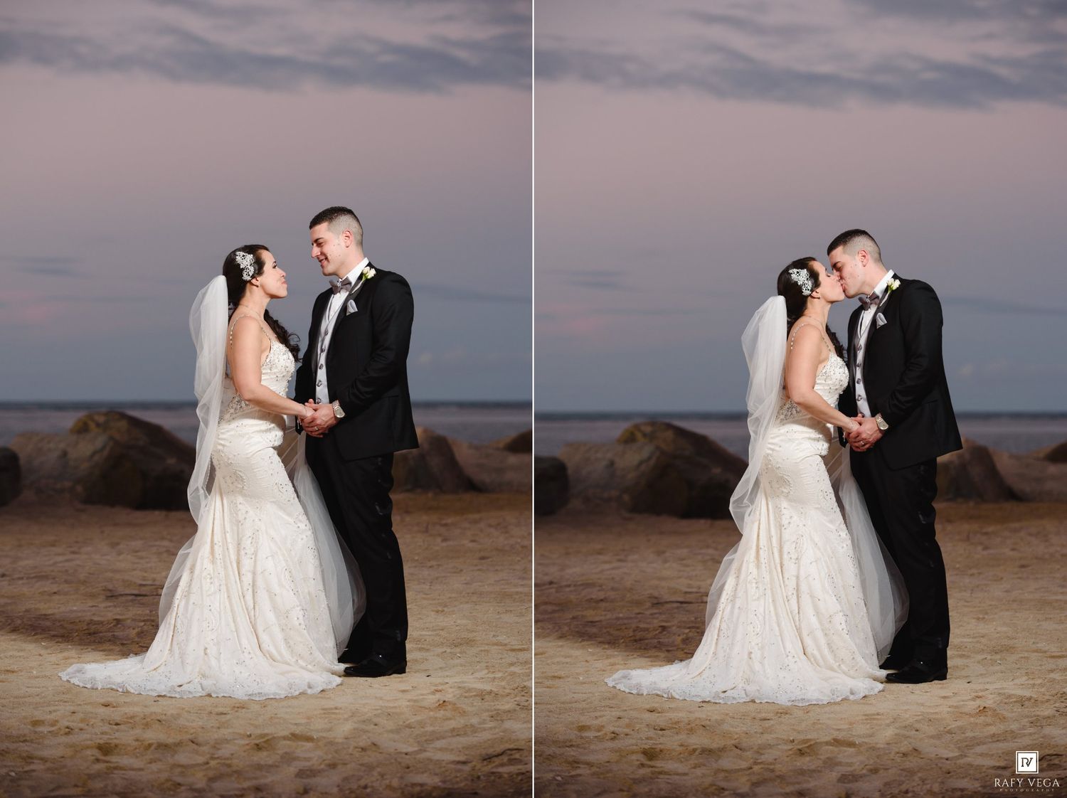 Bride and groom share a romantic moment on a sandy beach at sunset, with the bride in a white gown and veil.