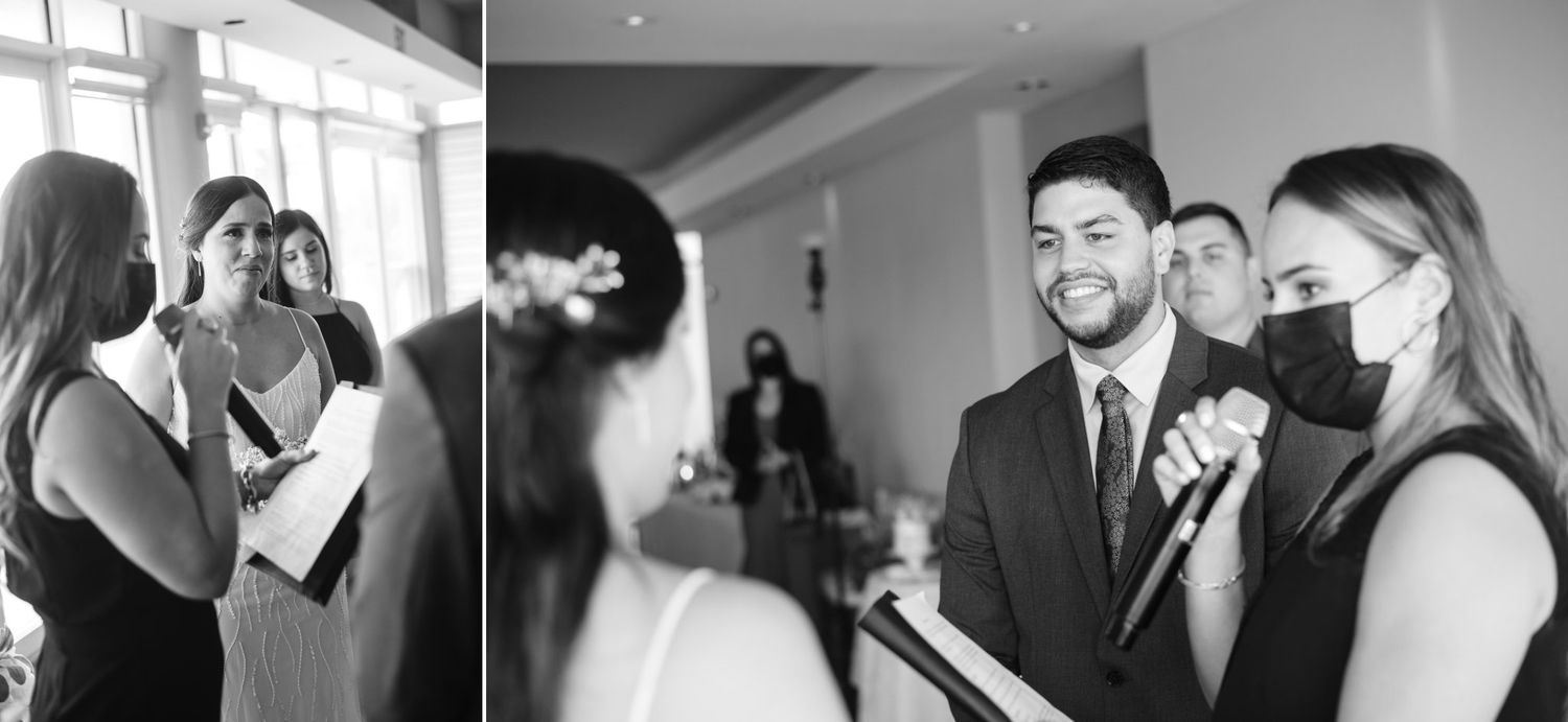 Black and white wedding photo of bride getting makeup done and groom smiling with masked guest.